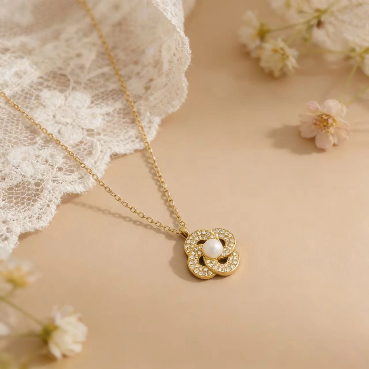 Zircon Pendant Encircling A Pearl Necklace