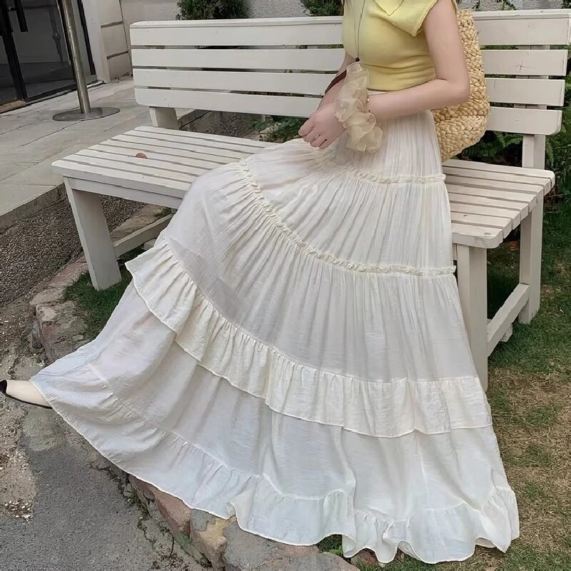 Summer Elastic High-Waist A-Line Maxi Skirt With A Flowing Drape