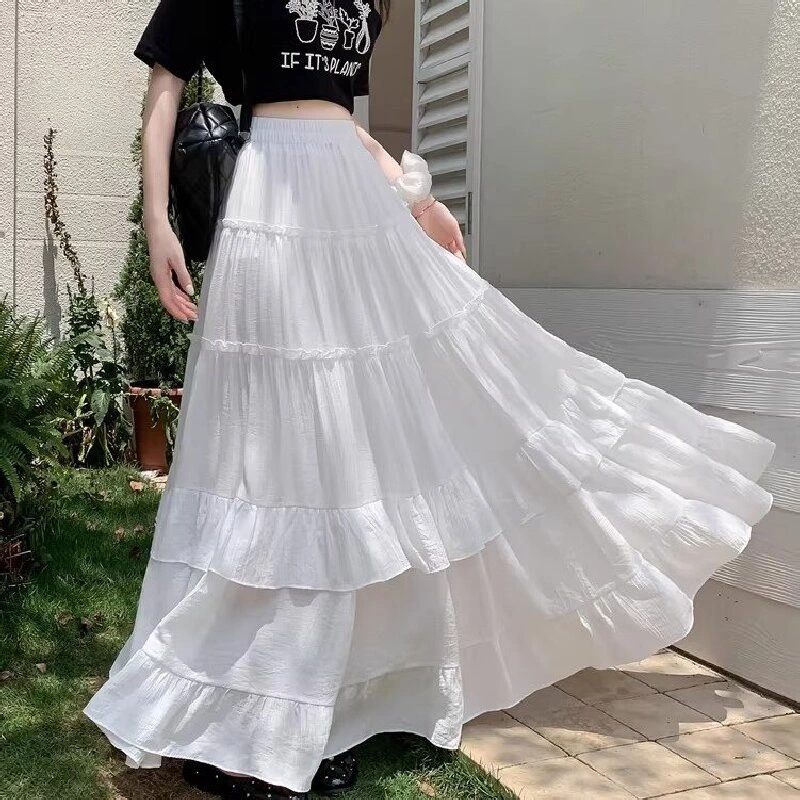 Summer Elastic High-Waist A-Line Maxi Skirt With A Flowing Drape