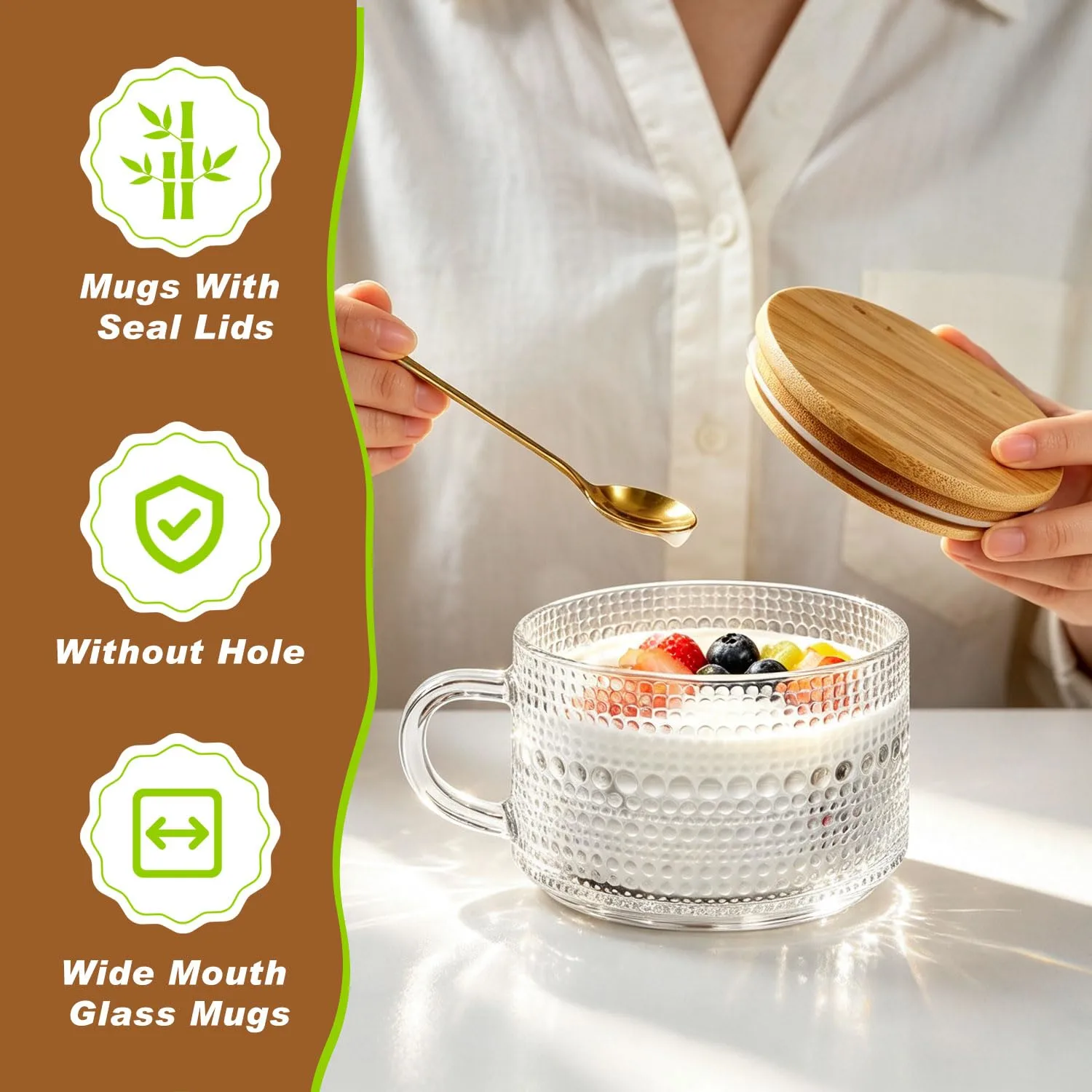 Vintage Glass Coffee Mugs with Bamboo Lids & Gold Spoons – 14oz Embossed Glass Overnight Oats Containers – Wide Mouth Mug-Bowl for Latte, Cereal, Soup, Yogurt Parfait – European Retro Style (2)