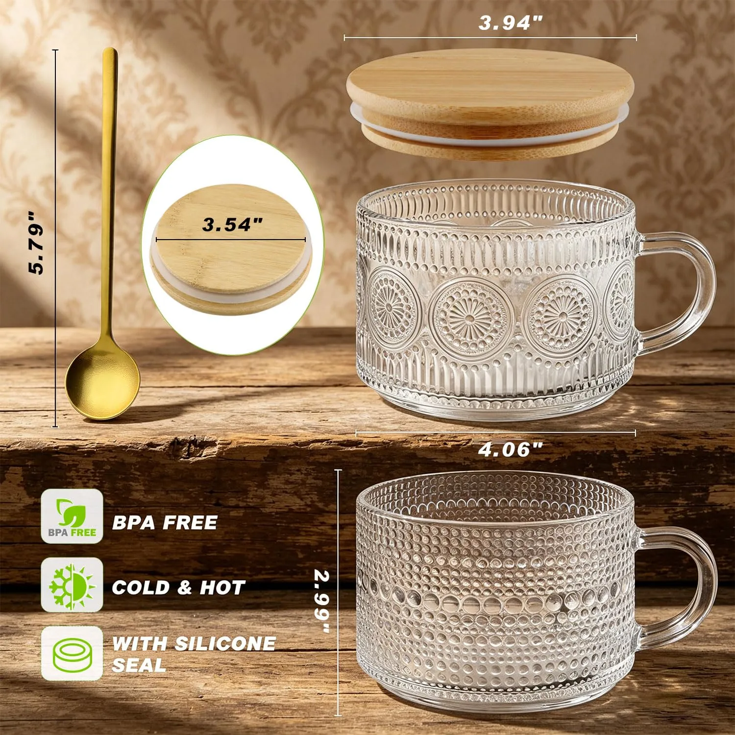 Vintage Glass Coffee Mugs with Bamboo Lids & Gold Spoons – 14oz Embossed Glass Overnight Oats Containers – Wide Mouth Mug-Bowl for Latte, Cereal, Soup, Yogurt Parfait – European Retro Style (2)