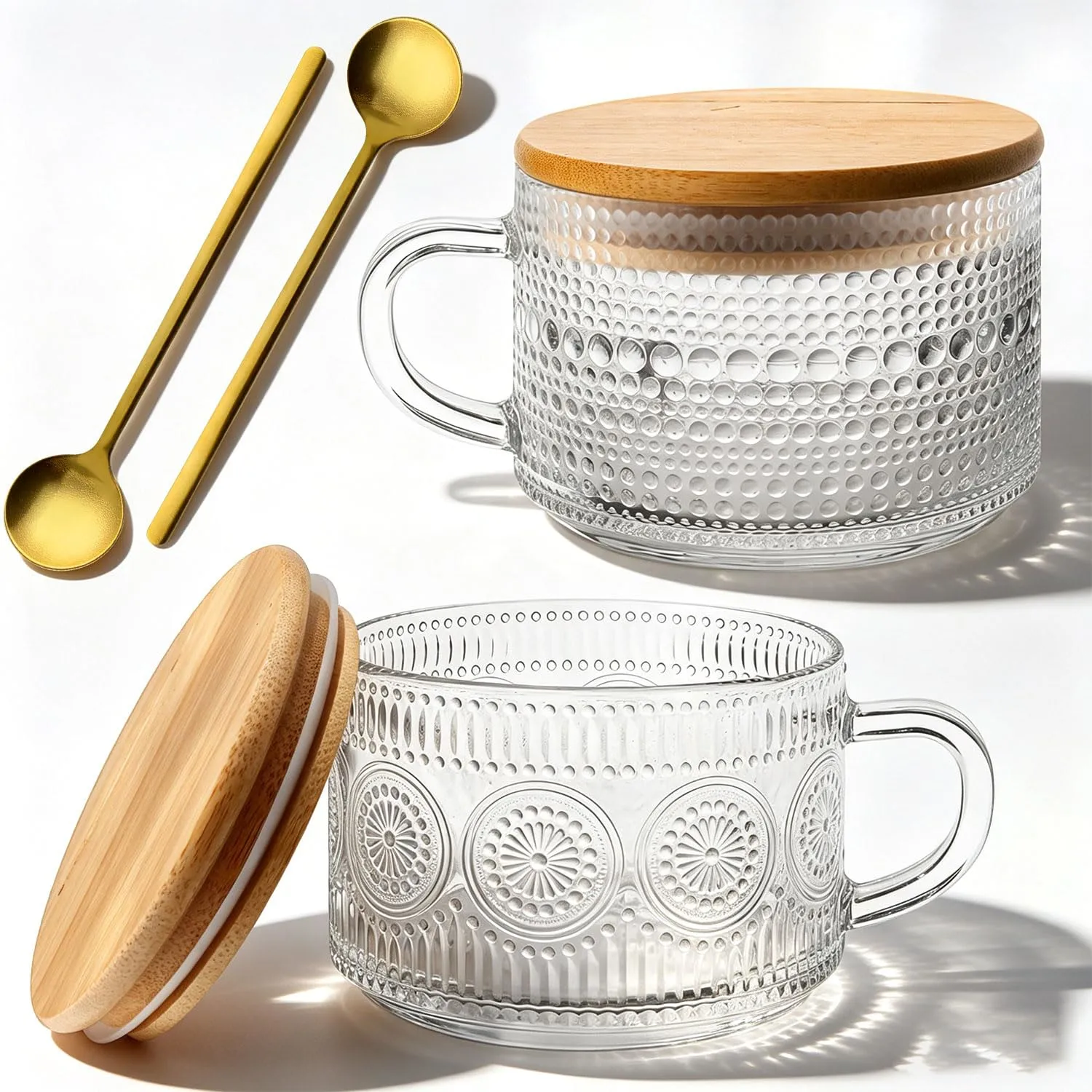 Vintage Glass Coffee Mugs with Bamboo Lids & Gold Spoons – 14oz Embossed Glass Overnight Oats Containers – Wide Mouth Mug-Bowl for Latte, Cereal, Soup, Yogurt Parfait – European Retro Style (2)