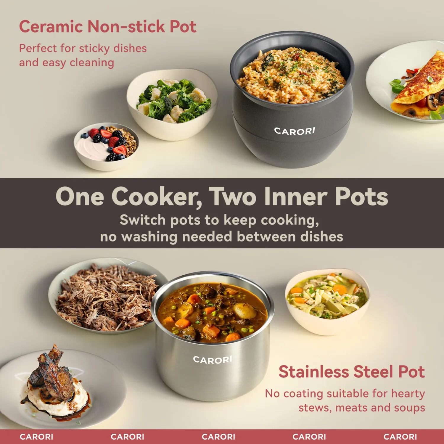 CARORI 9-in-1 Electric Pressure Cooker 6 Qt, Dual Inner Pots, Stainless Steel Pot and Non-Stick Pot, 12 Preset Cooking Programs with IMD Touchscreen, Safe Vent, Slow Cook, Rice Cook, Steam, Black