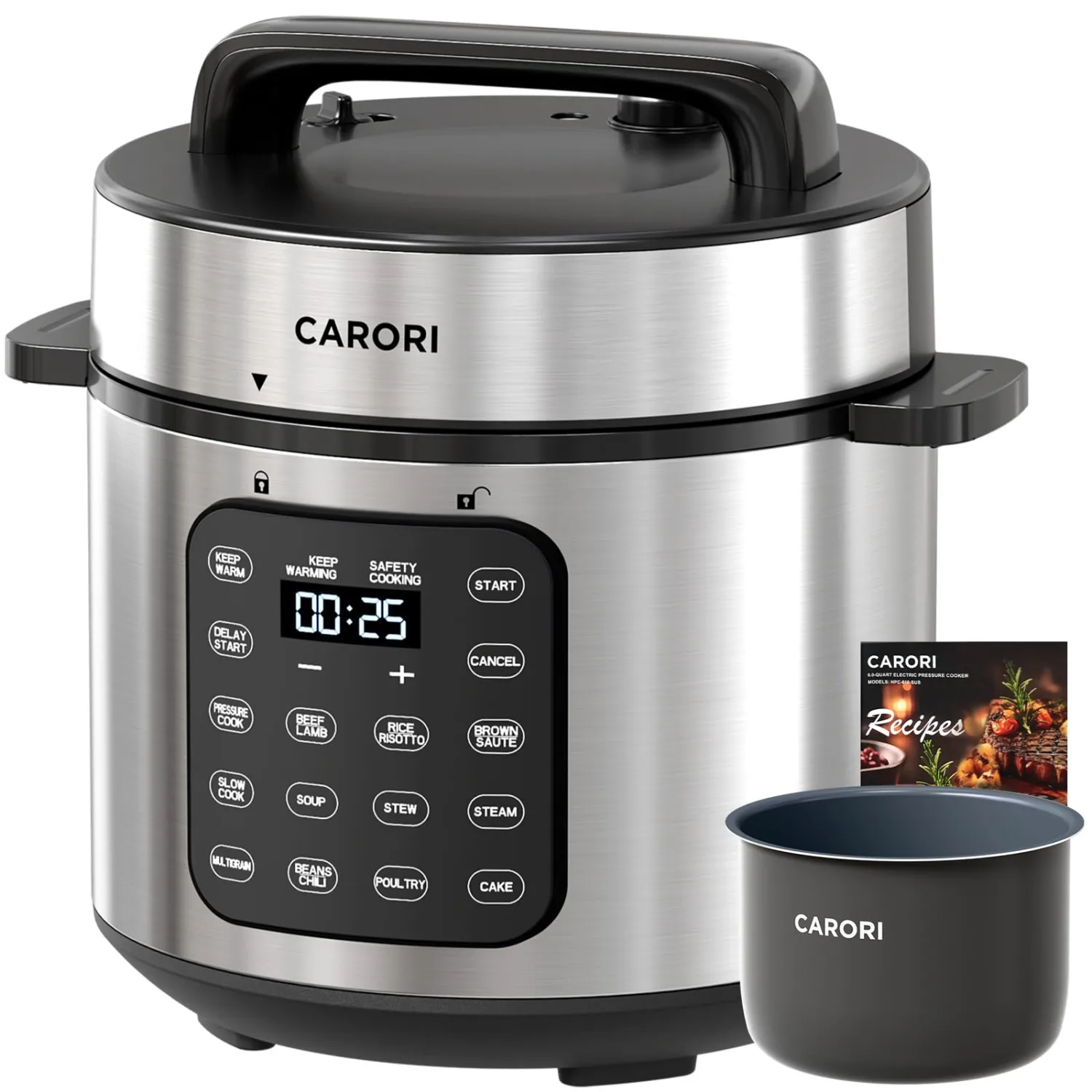 CARORI Electric Pressure Cooker 6 Quart Silver, Non-stick Pot, 9-in-1 Instant Pot, 12 Preset Functions with Touchscreen, Safe Steam Release, Stew, Slow Cook, Rice, Sauté, Warmer