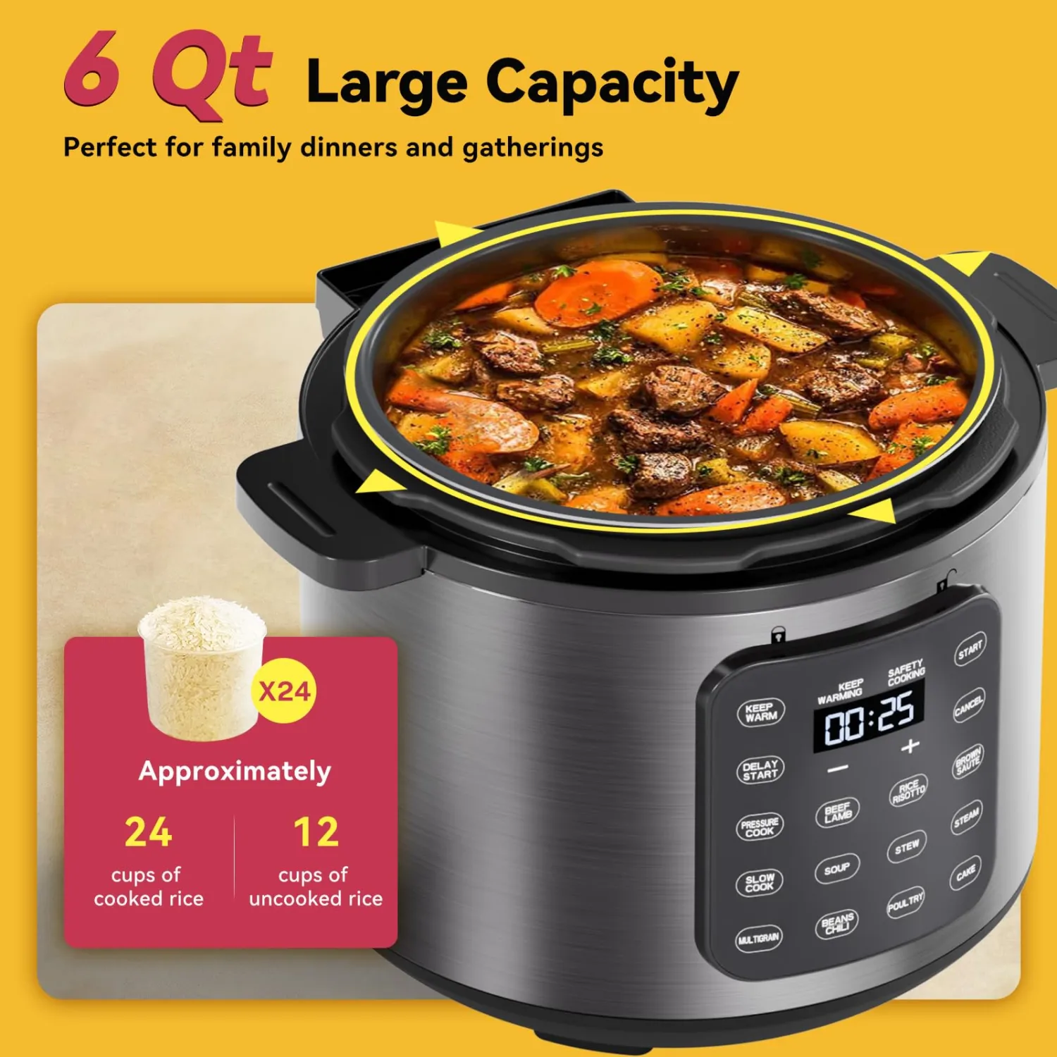 CARORI Electric Pressure Cooker 6 Quart Silver, Non-stick Pot, 9-in-1 Instant Pot, 12 Preset Functions with Touchscreen, Safe Steam Release, Stew, Slow Cook, Rice, Sauté, Warmer