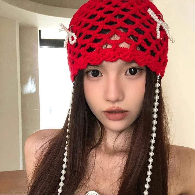 Korean-style Detachable Pearl Bow Knitted Hat