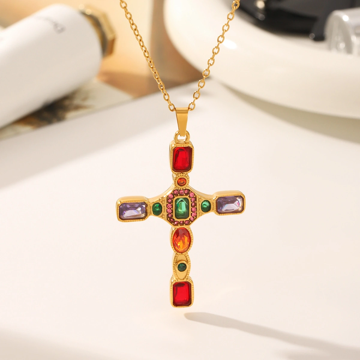 Stainless Steel Pendant Necklace For Women, Colorful Zircon, Sweet And Cool Style