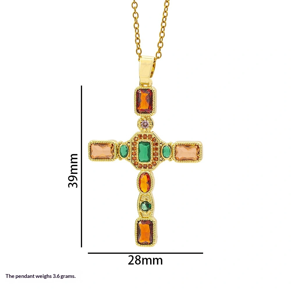 European And American Style Fashionable Colorful Zircon Cross Necklace For Women, Luxurious Look