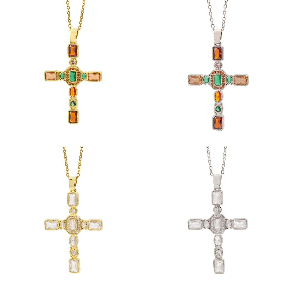European And American Style Fashionable Colorful Zircon Cross Necklace For Women, Luxurious Look