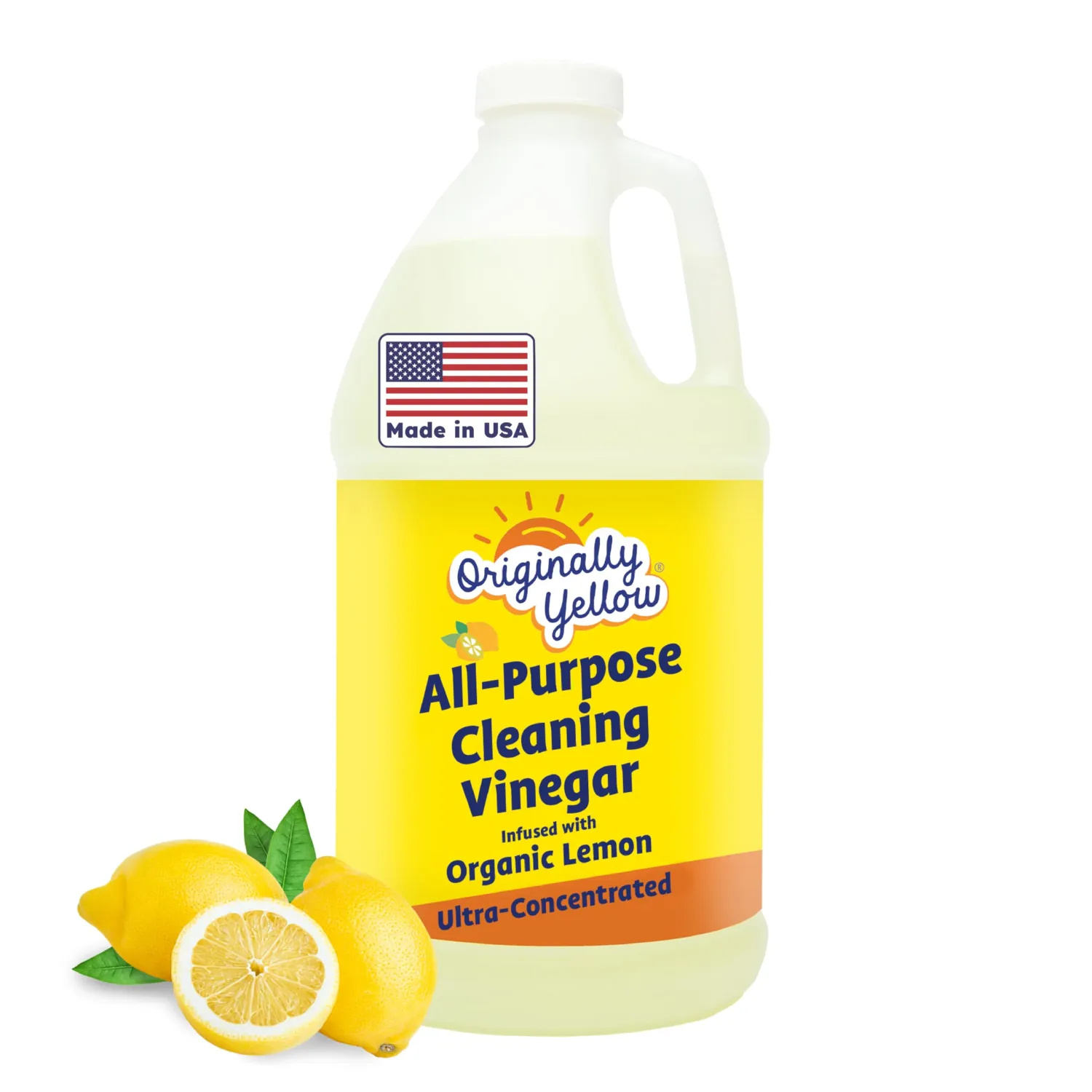 Originally Yellow Lemon Vinegar For Cleaning Purpose | USA Made All Purpose Cleaner | Use as a Floor, Glass, Kitchen, & Bathroom Cleaner | Plant Derived Vinegar Half Gallon | 64 Oz