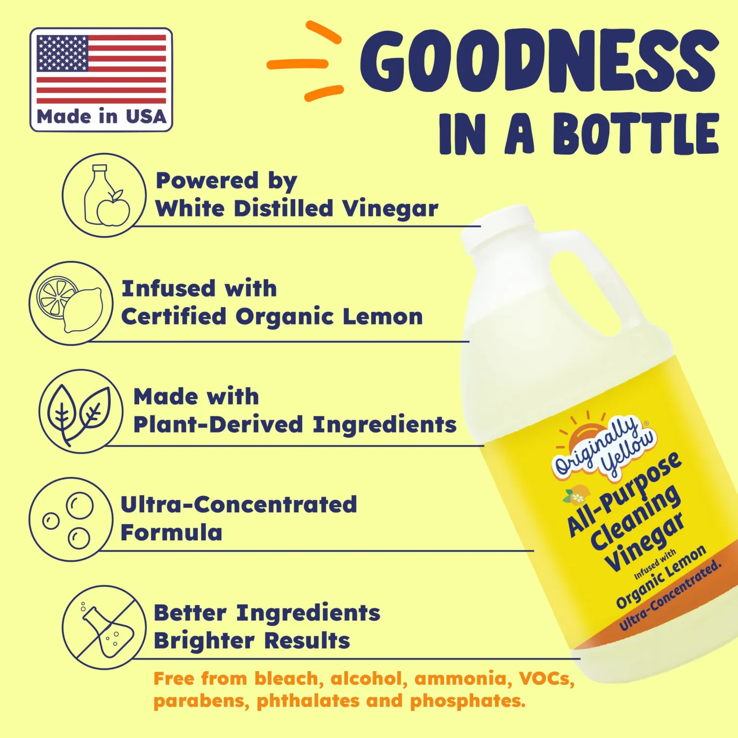 Originally Yellow Lemon Vinegar For Cleaning Purpose | USA Made All Purpose Cleaner | Use as a Floor, Glass, Kitchen, & Bathroom Cleaner | Plant Derived Vinegar Half Gallon | 64 Oz