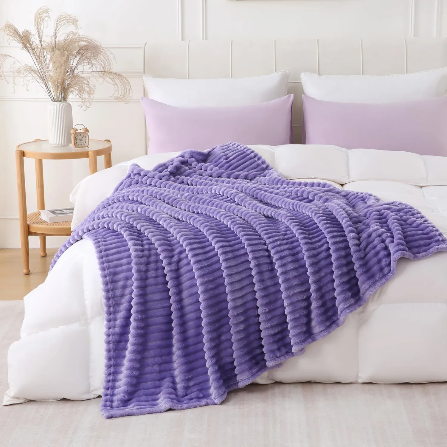 Lavender Throw Blanket for Couch Sofa 108x90 inches Striped Fleece Blankets Room Home Decor Lightweight Plush Soft Cozy Gifts for Women Mom Girls