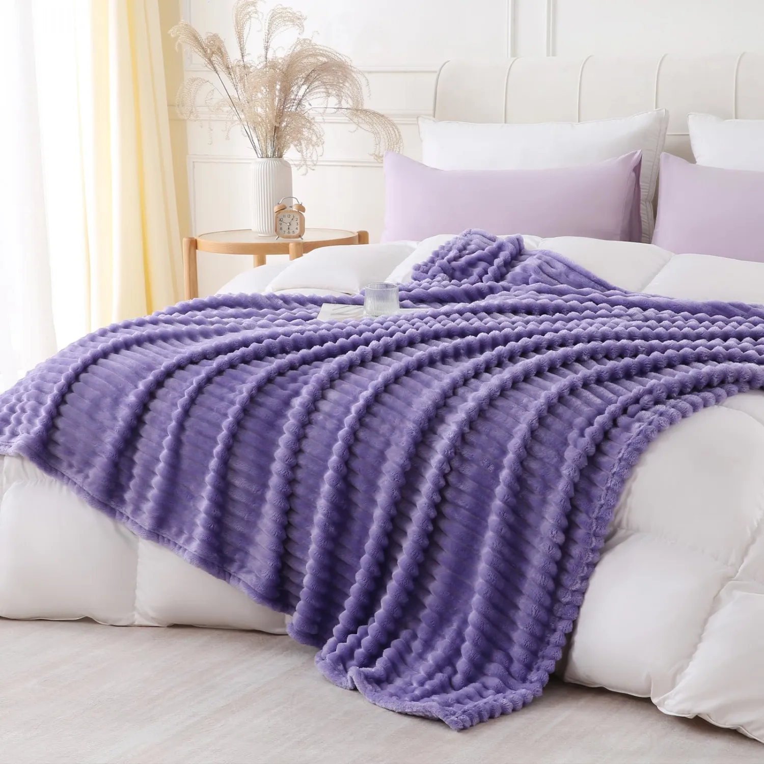 Lavender Throw Blanket for Couch Sofa 108x90 inches Striped Fleece Blankets Room Home Decor Lightweight Plush Soft Cozy Gifts for Women Mom Girls