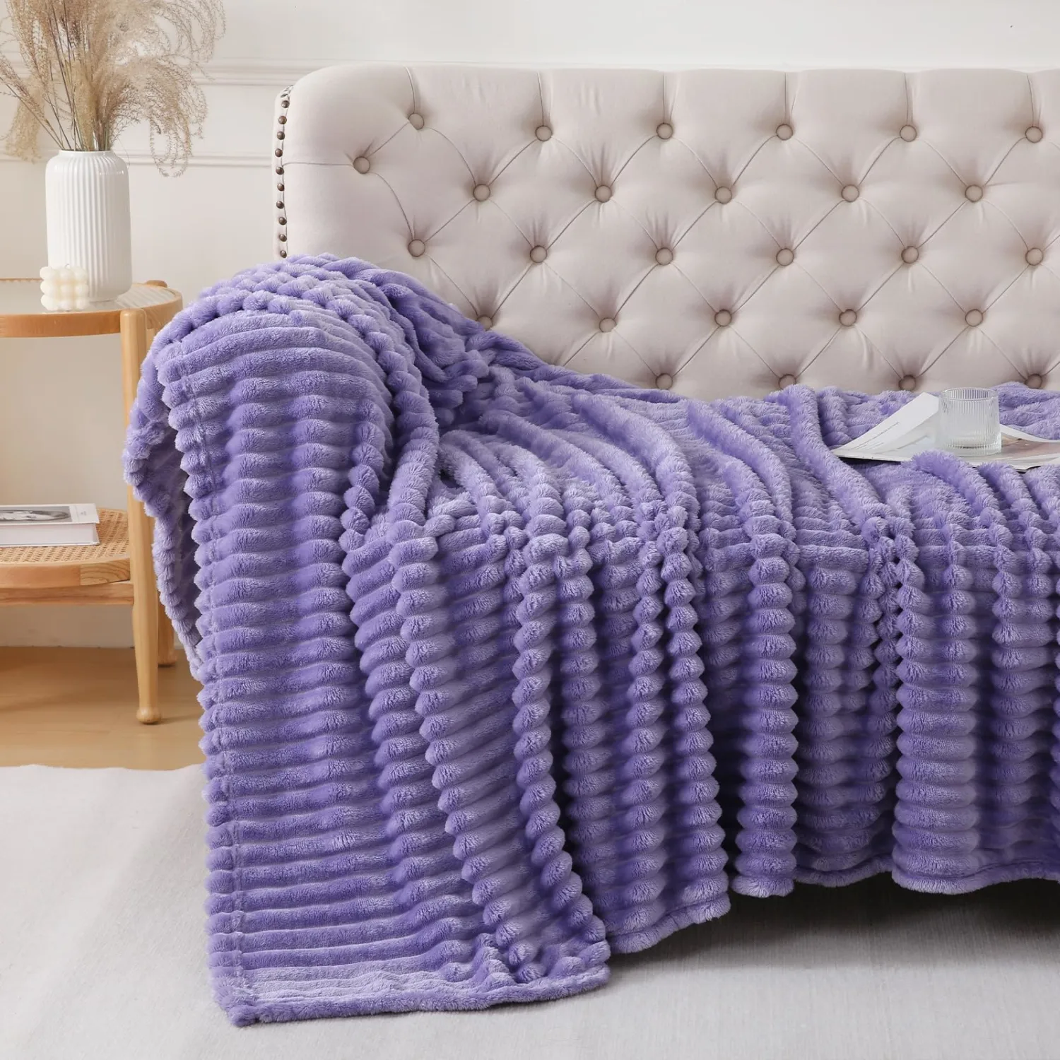Lavender Throw Blanket for Couch Sofa 108x90 inches Striped Fleece Blankets Room Home Decor Lightweight Plush Soft Cozy Gifts for Women Mom Girls