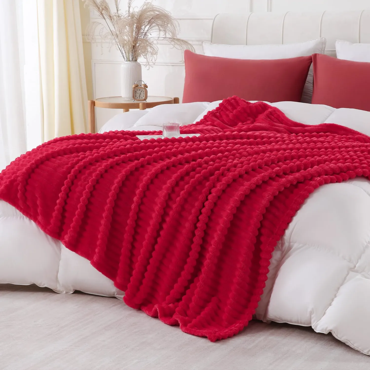 Cherry Red Throw Blanket for Couch Sofa 60x80 inches Striped Fleece Blankets Room Home Decor Lightweight Plush Soft Cozy Gifts for Women Mom Girls