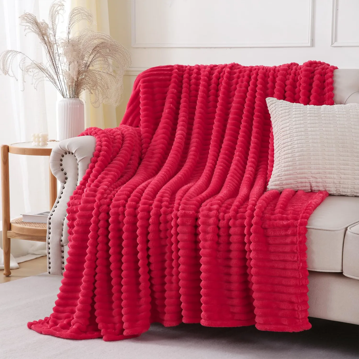 Cherry Red Throw Blanket for Couch Sofa 60x80 inches Striped Fleece Blankets Room Home Decor Lightweight Plush Soft Cozy Gifts for Women Mom Girls