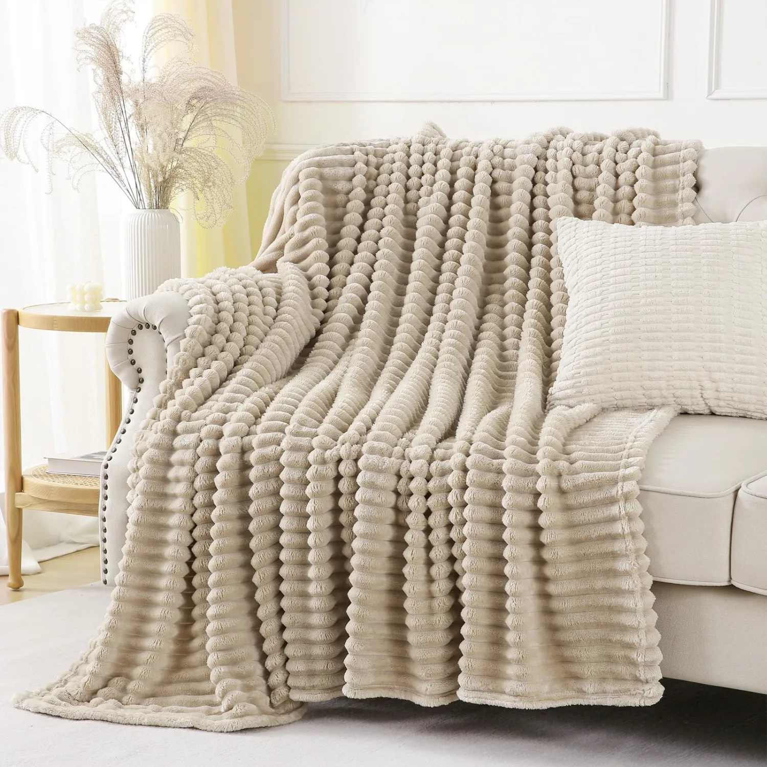 Khaki Throw Blanket for Couch Sofa 50x60 inches Striped Fleece Blankets Room Home Decor Lightweight Plush Soft Cozy Gifts for Women Mom Girls