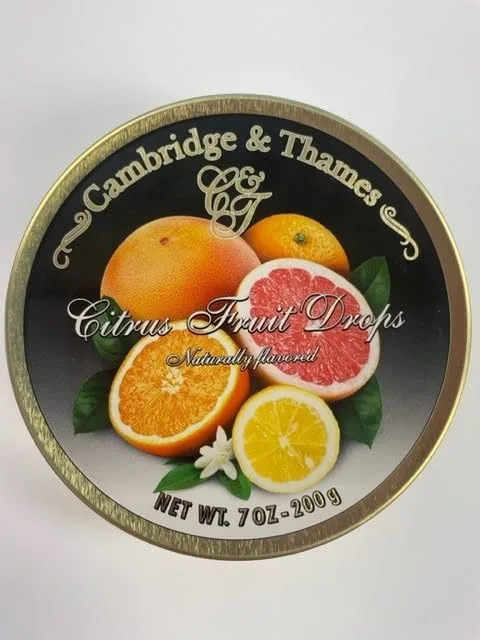 Cambridge & Thames Citrus Fruit Candy Tin – Premium Imported Hard Candies, Elegant Reusable Gift Tin, Gourmet Lemon Orange Citrus Flavors, 7 oz