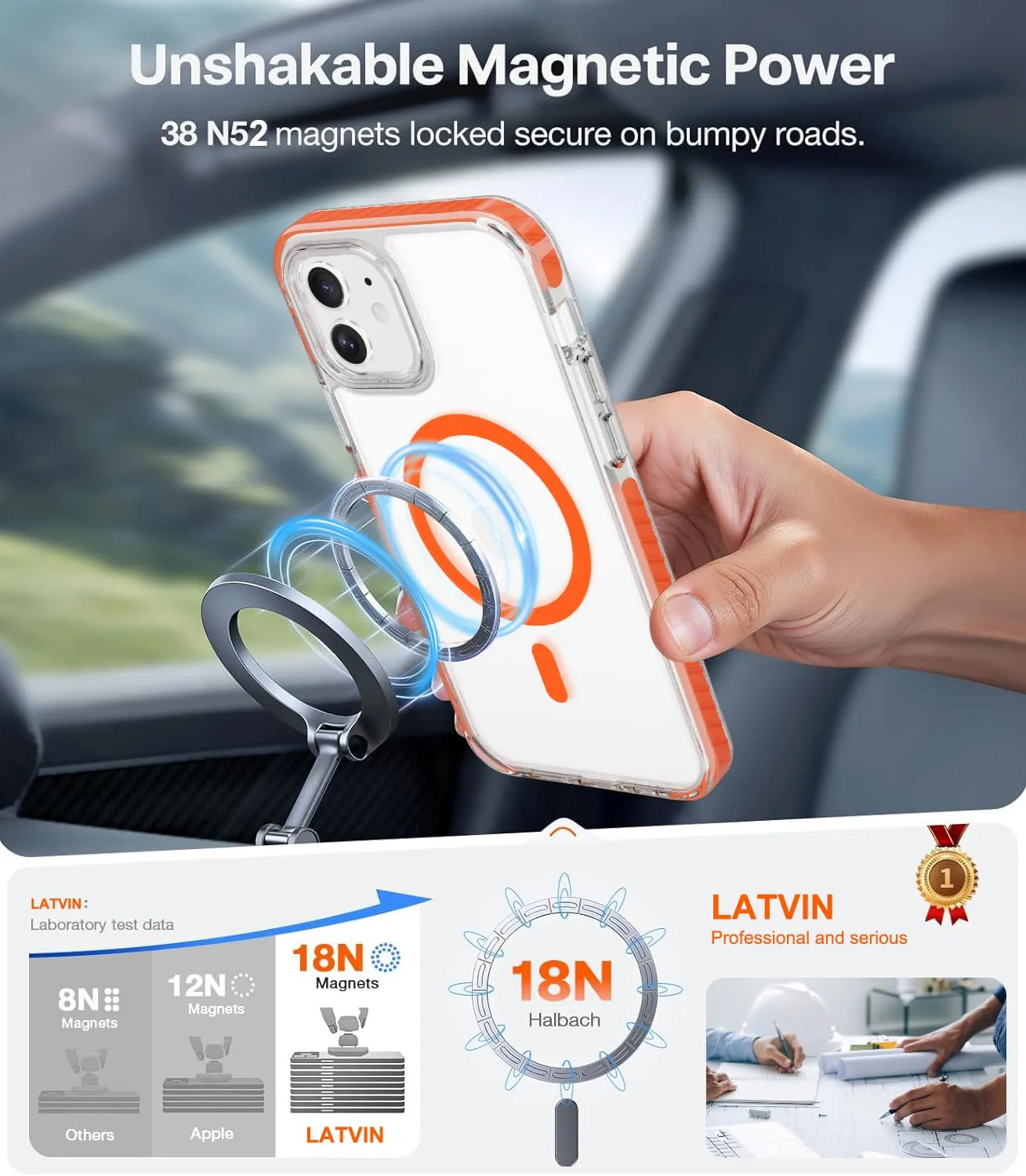 LATVIN for iPhone 11 Case Clear, Magnetic Phone Cover, Compatible with MagSafe, Military Grade Protection, Biult-in Shockproof Bumper, Transparent Anti-Yellowing, Orange
