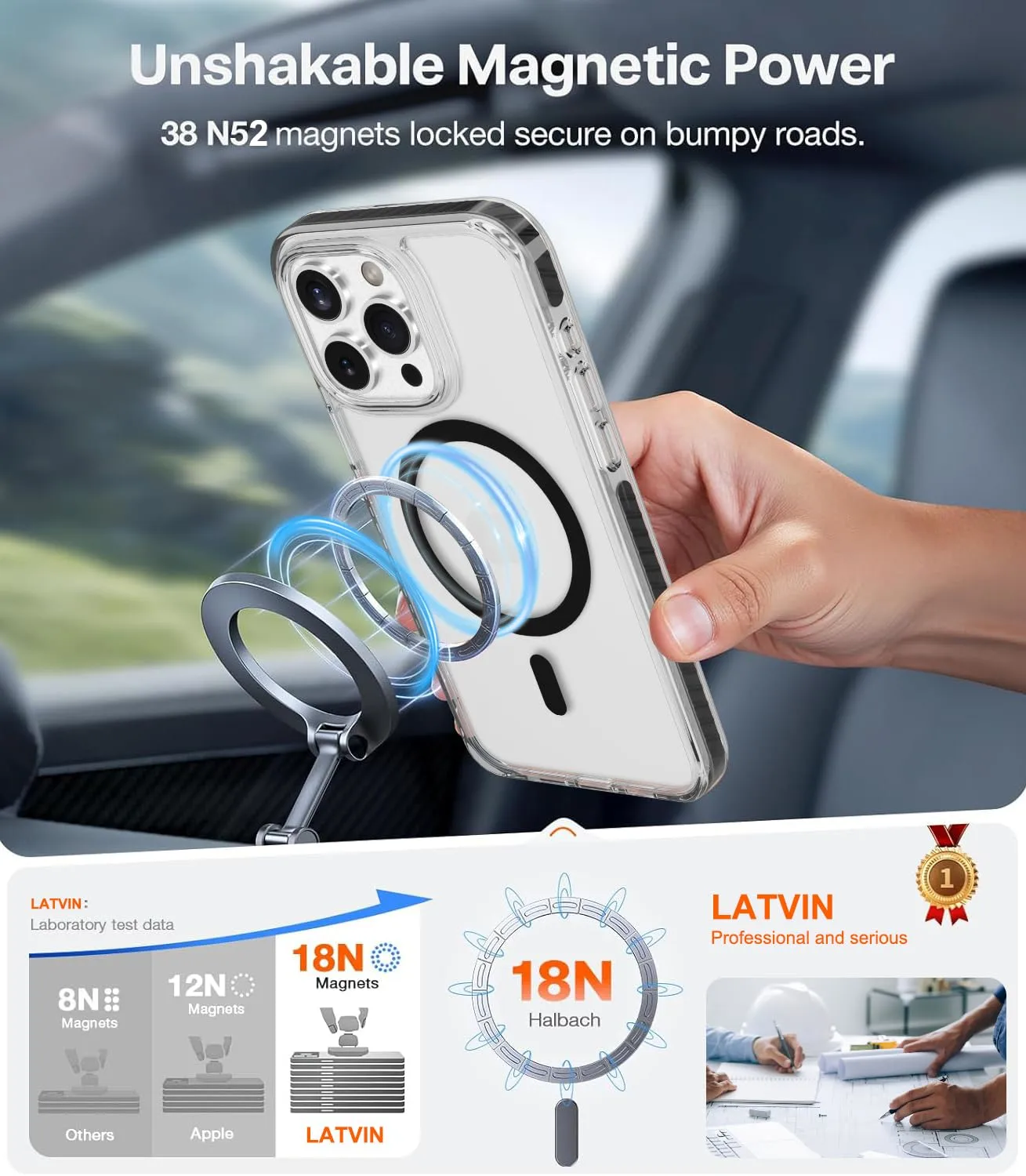 LATVIN for iPhone 15 Pro Case Clear, Magnetic Phone Cover, Compatible with MagSafe, Military Grade Protection, Biult-in Shockproof Bumper, Transparent Anti-Yellowing, Black