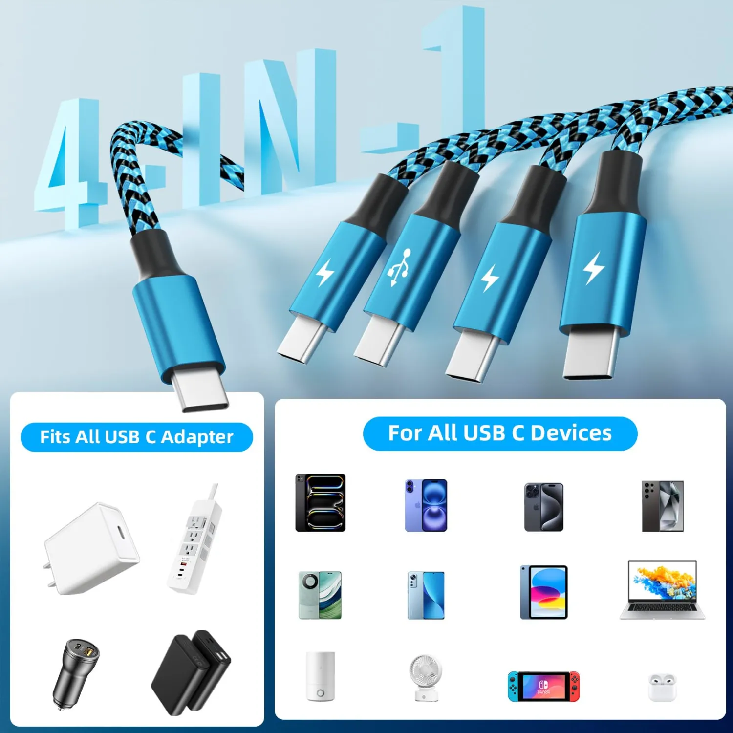 Travel USB C 4 in 1 Charging Cords,FourType C Ports Mulit Charging Cable, Universal Charging Cables for All Devices,Travle Charger Cord for iPhone Series/Samsung/Tablets/PS,Blue