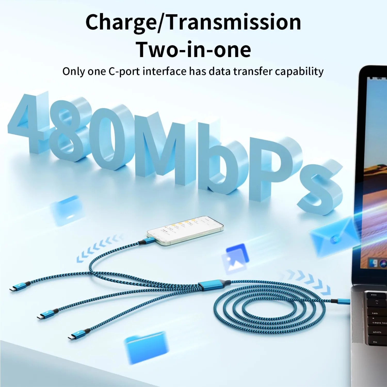 Travel USB C 4 in 1 Charging Cords,FourType C Ports Mulit Charging Cable, Universal Charging Cables for All Devices,Travle Charger Cord for iPhone Series/Samsung/Tablets/PS,Blue