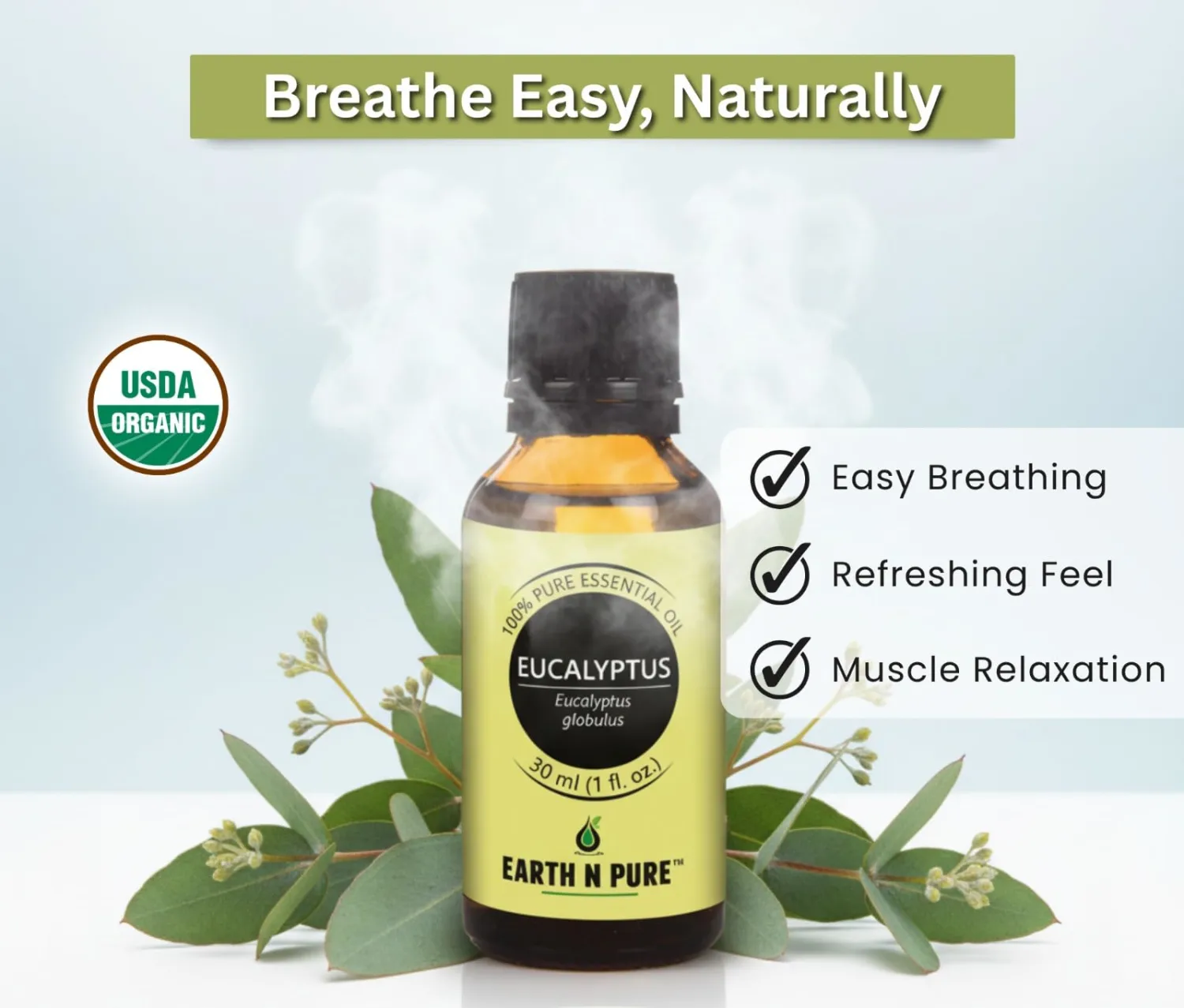 EARTH N PURE Eucalyptus Essential Oil (Nilgiri Oil) Steam Distilled, Undiluted, Natural, Therapeutic Grade 30 ML (Pack of 1) Transparent