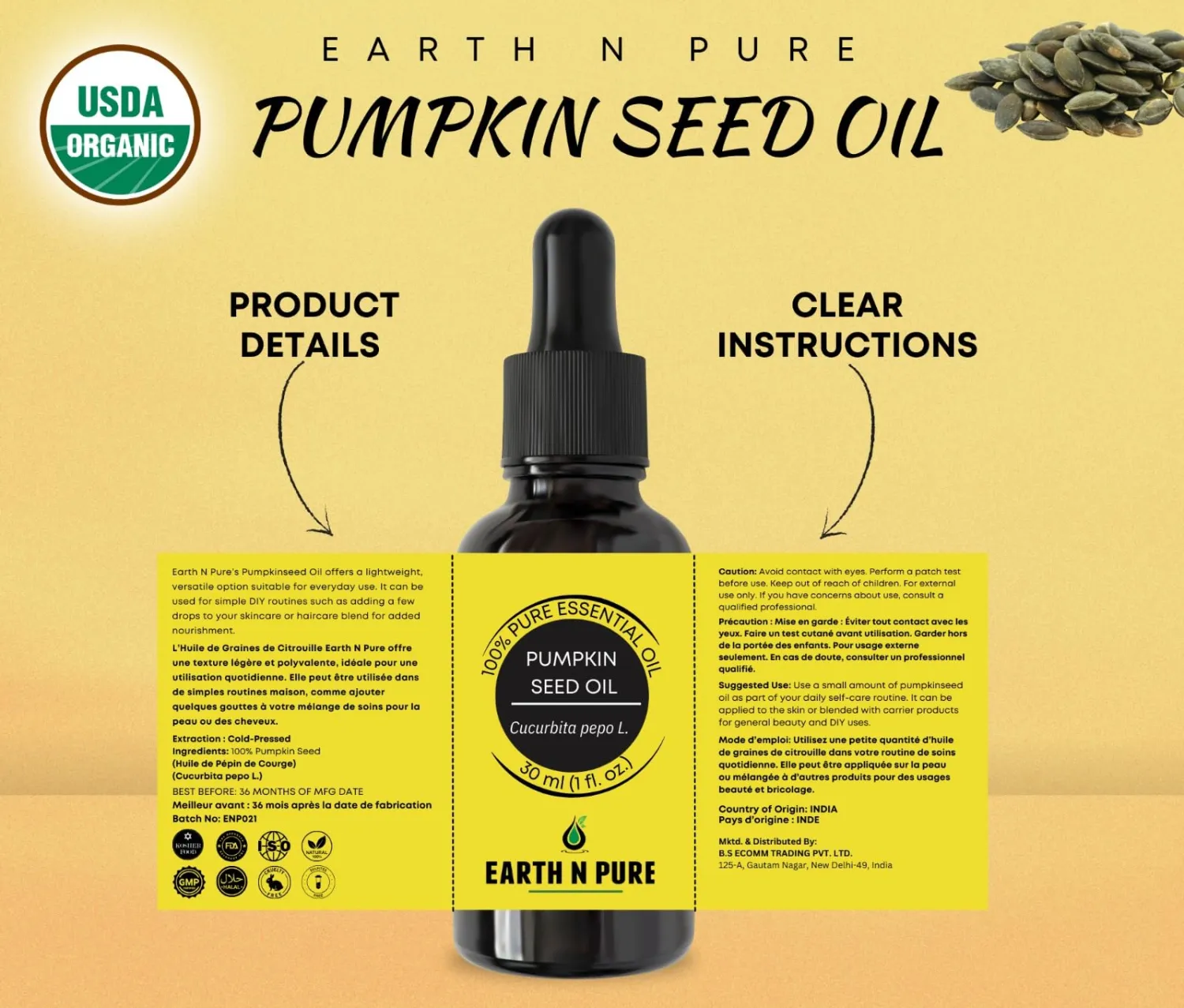 Earth N Pure Pumpkin Seed Oil (Kaddu Oil) Cold Pressed, Natural and Therapeutic Grade - 100 ml