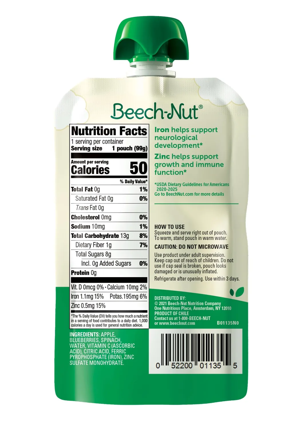 Beech-Nut Iron & Zinc Stage 4 apple, blueberries & spinach Toddler Food, 3.5 oz Pouch