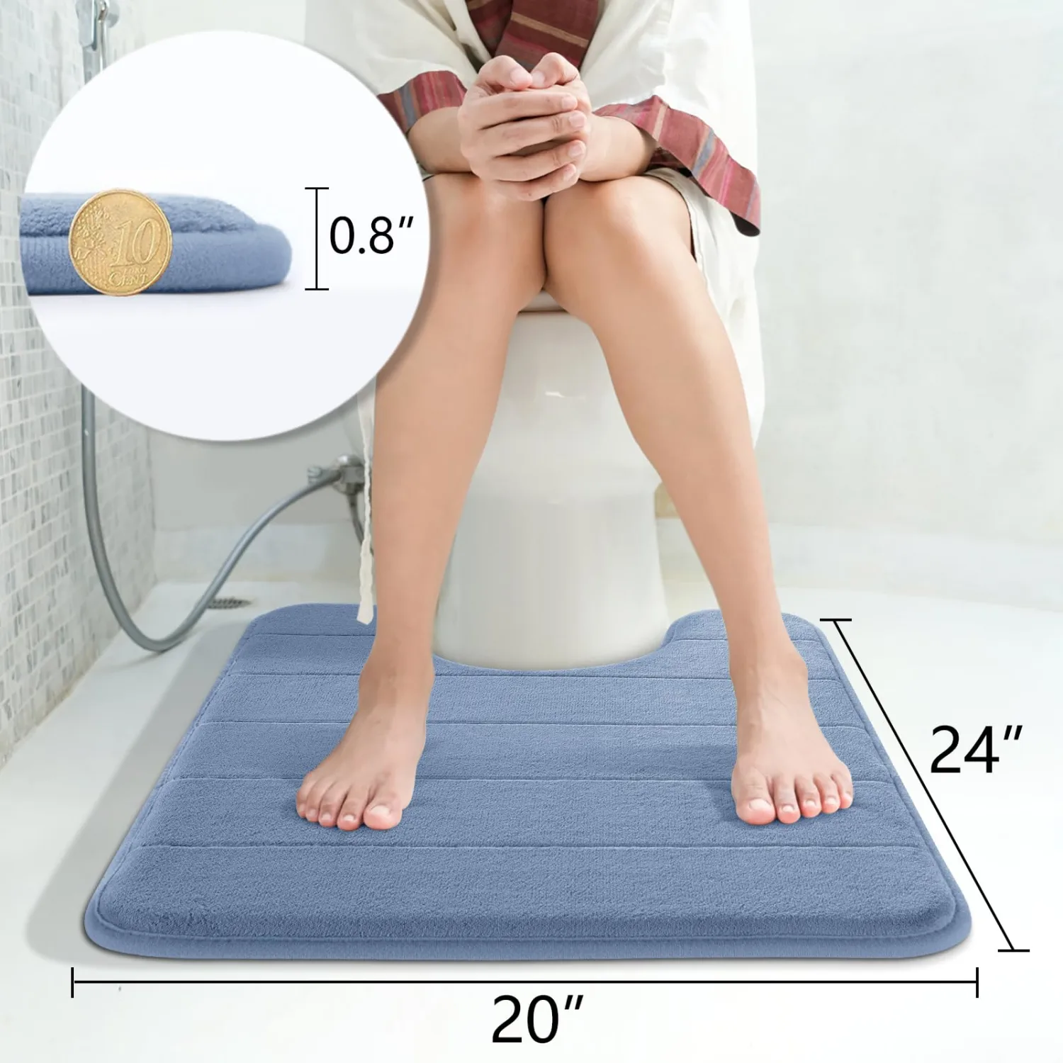 Yimobra Memory Foam Toilet Bath Mat U-Shaped, 24 X 20 Inches,Soft and Comfortable, Super Water Absorption, Non-Slip, Machine Wash and Easier to Dry for Bathroom Commode Contour Rug, Denim Blue