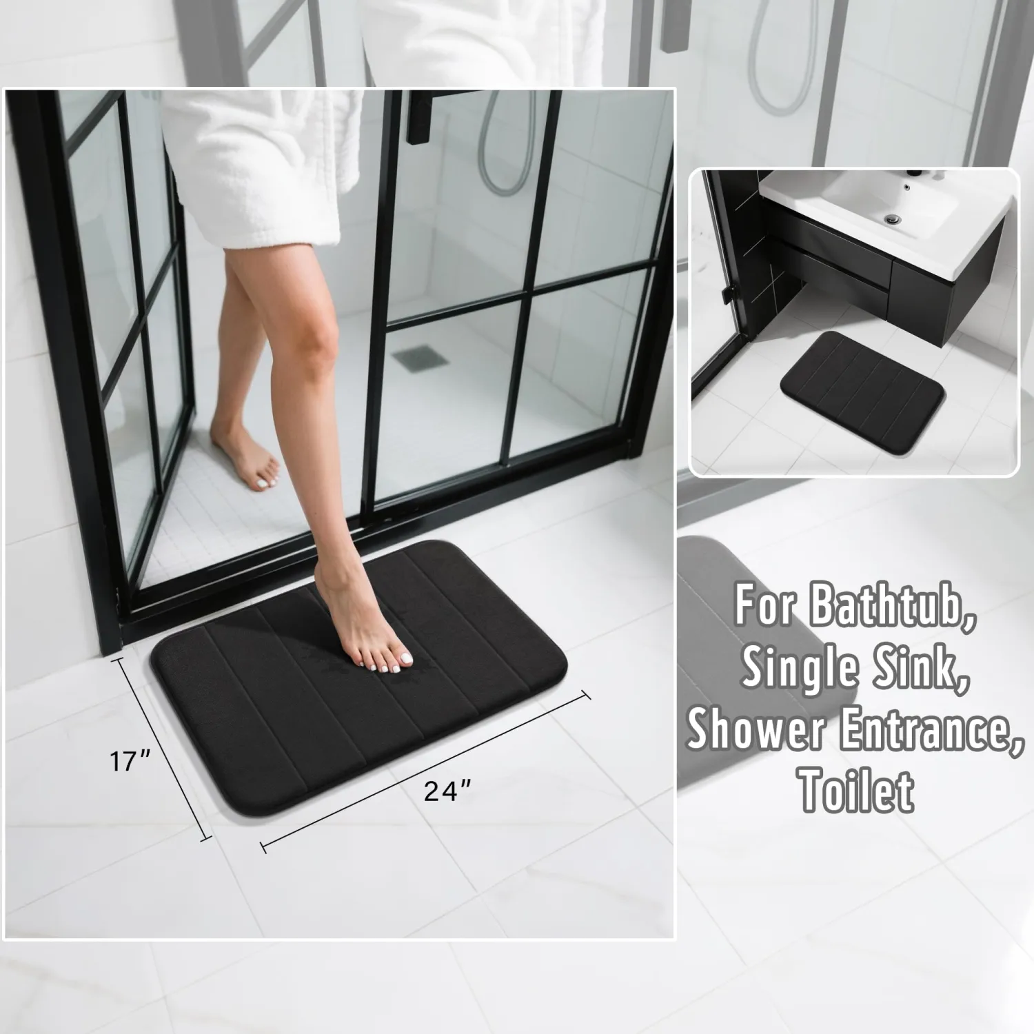Yimobra Memory Foam Bath Mat, Super Soft Absorbent Bathroom Rug Non Slip, Quick Dry, Machine Washable Floor Carpet for Tub Shower, Home Decor Accessories, 24x17, Black