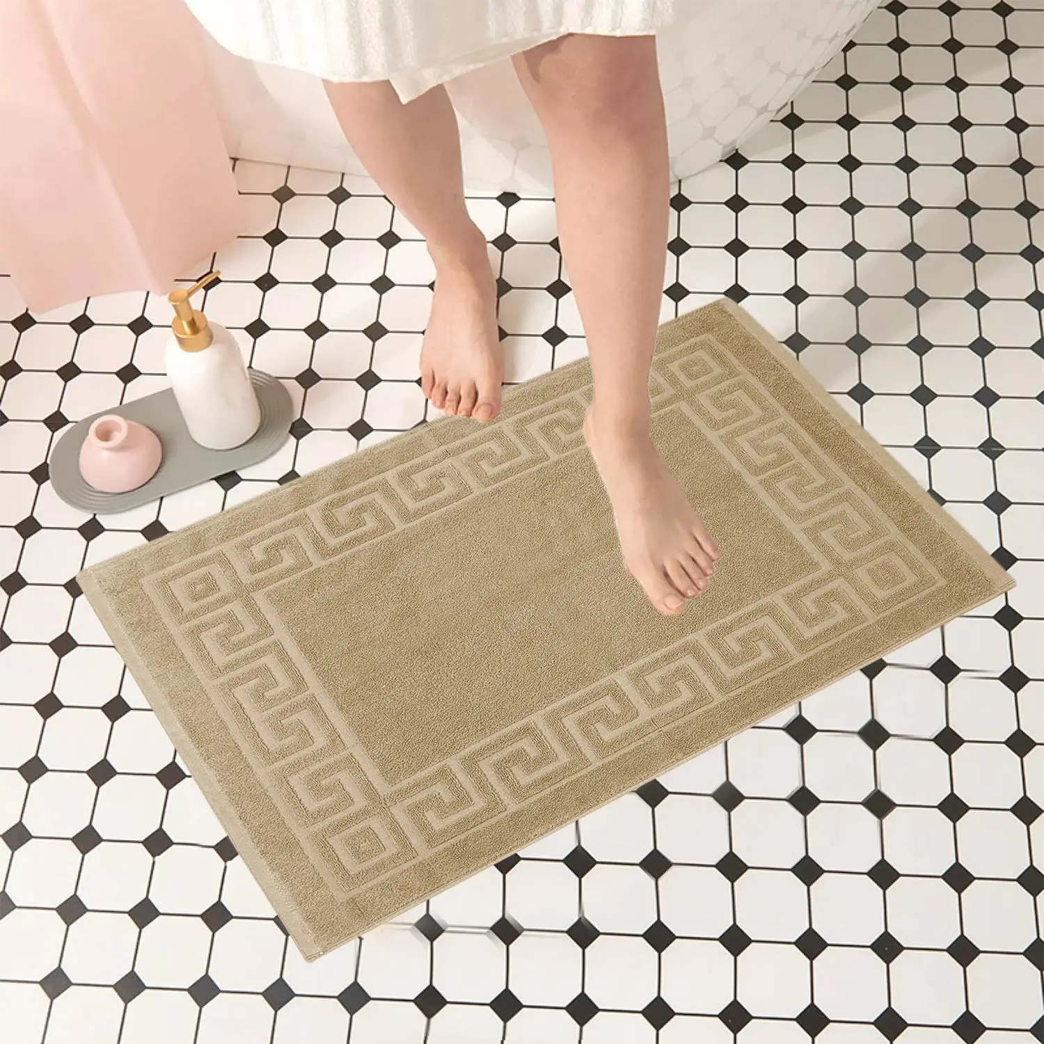 DAN RIVER Greek Cotton Bath Mats Set of 2 – Not a Bathroom Rug, Ultra Soft, Highly Absorbent & Machine Washable Bath Mat Towel for Bathroom Floor Mat – Durable, Quick-Dry, 20x32 Inches, Tan