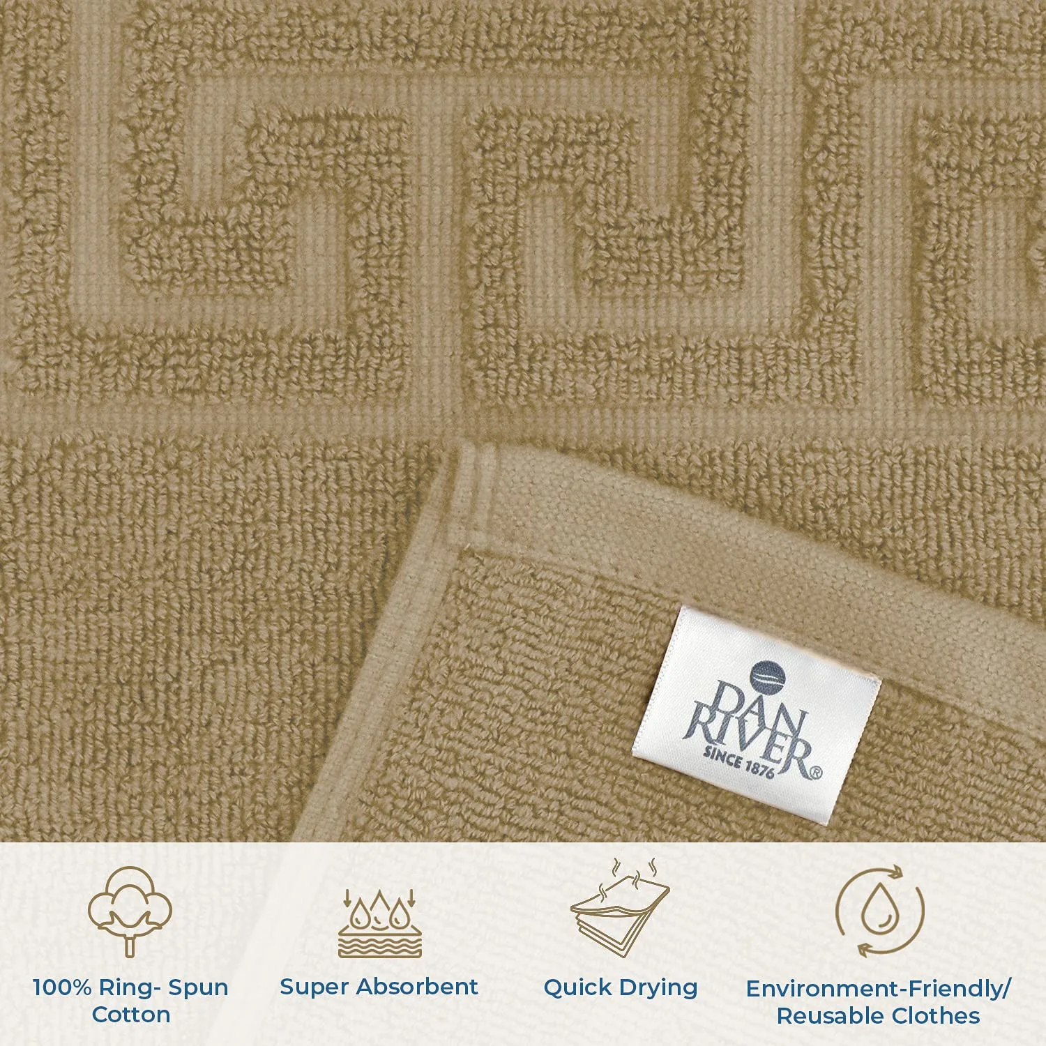 DAN RIVER Greek Cotton Bath Mats Set of 2 – Not a Bathroom Rug, Ultra Soft, Highly Absorbent & Machine Washable Bath Mat Towel for Bathroom Floor Mat – Durable, Quick-Dry, 20x32 Inches, Tan