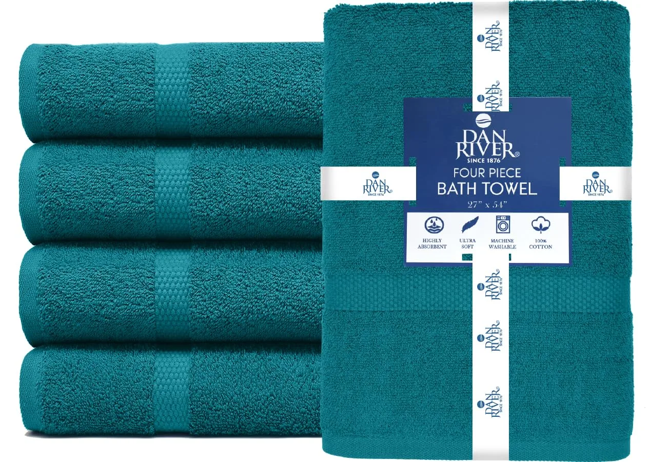 DAN RIVER Bath Towels Set of 4, 27 x 54 Inches, 100% Cotton, Larger & Lighter Weight, Quicker to Dry, Super Soft and Absorbent, Ideal Luxury Bath Towels for Daily Use, Teal