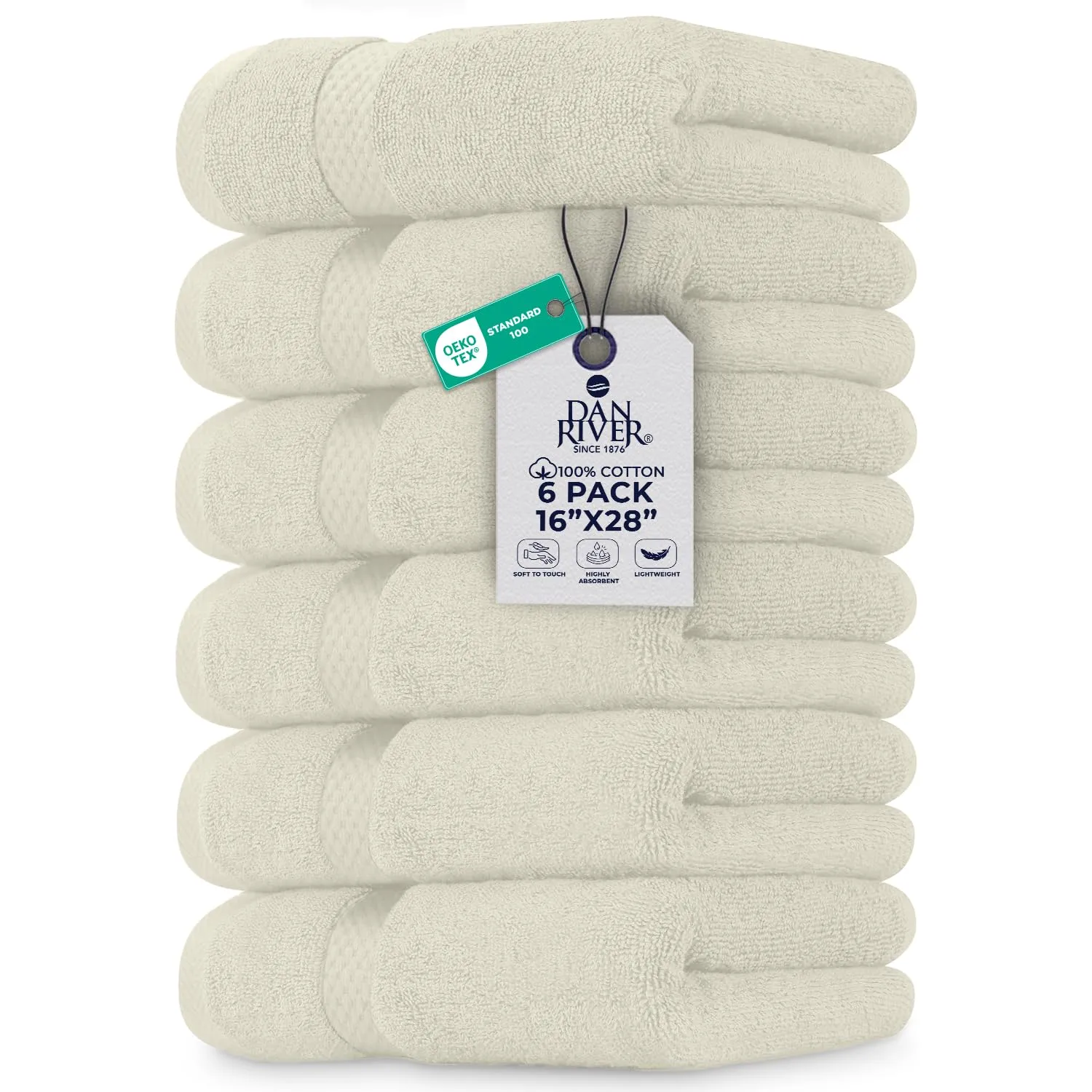 DAN RIVER 6-Pack Premium Hand Towels (16x28 Inches) - 100% Cotton, Ultra Soft, Lightweight, Highly Absorbent Towels for Bathroom, Spa, Gym, Salon, Hotel, and Travel - Ivory