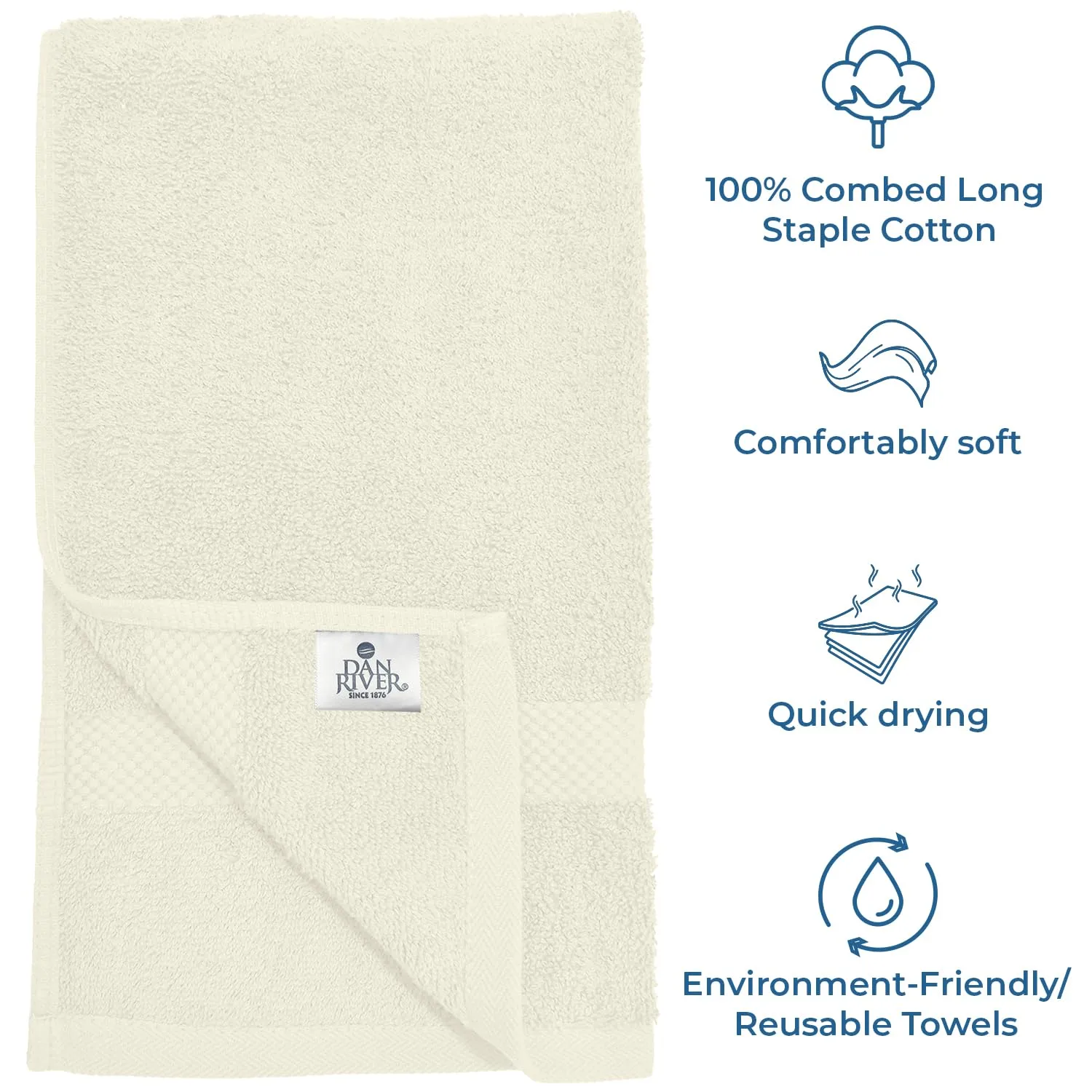 DAN RIVER 6-Pack Premium Hand Towels (16x28 Inches) - 100% Cotton, Ultra Soft, Lightweight, Highly Absorbent Towels for Bathroom, Spa, Gym, Salon, Hotel, and Travel - Ivory
