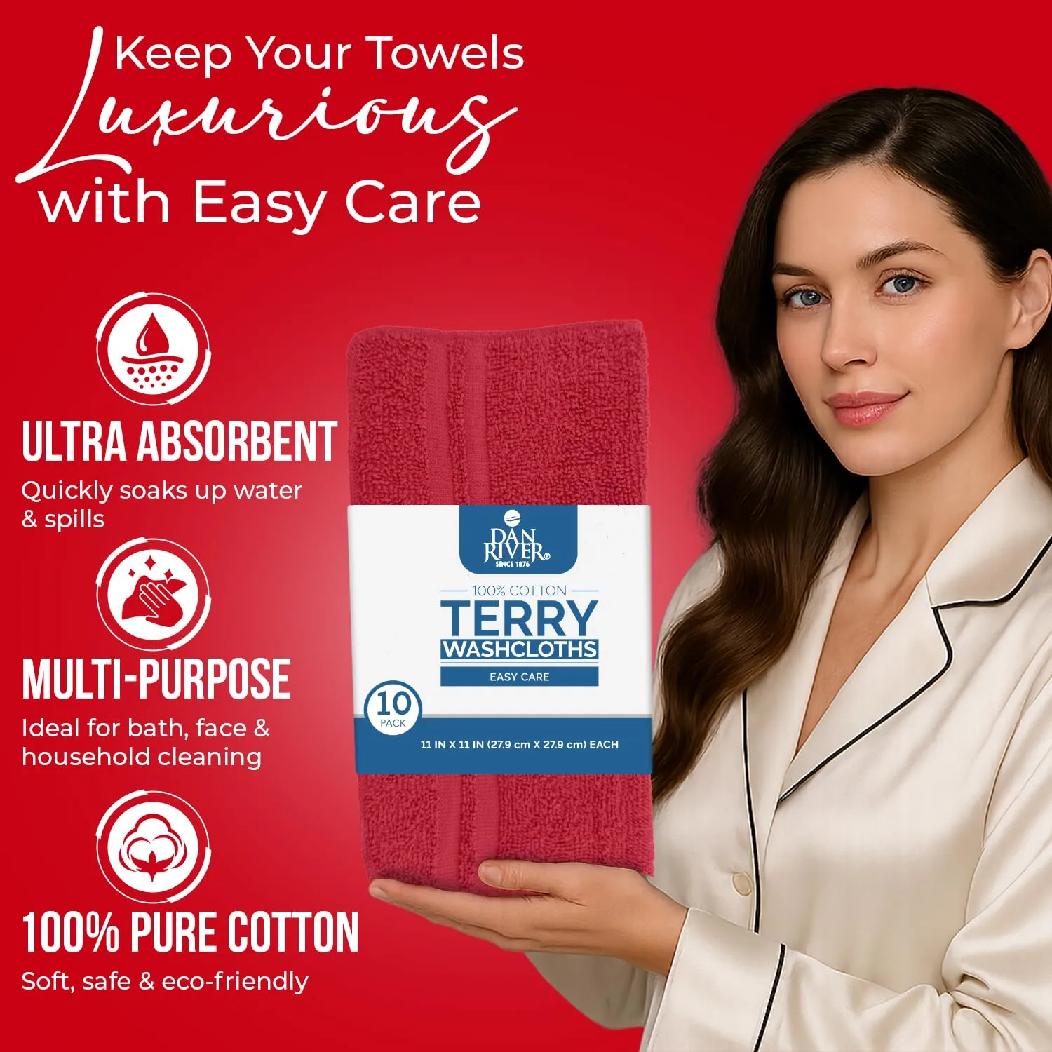 DAN RIVER 10 Pack Wash Cloths for Showering [11x11] - 100% Cotton Washcloths Premium Quality Flannel Face Cloths for Bathroom, Highly Absorbent and Soft Feel Wash Clothes, Assortment 6