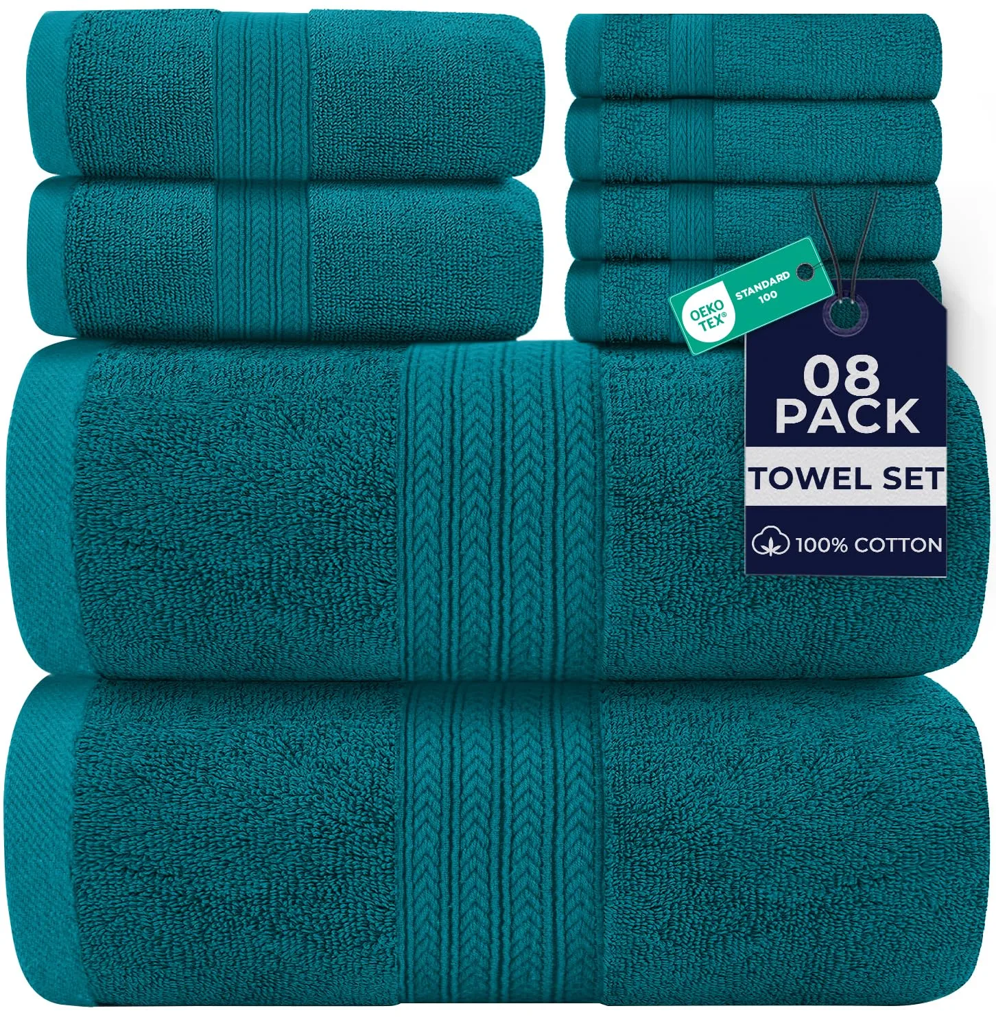 DAN RIVER 8 PC Luxury Bath Towels for Bathroom, 2 Bath, 2 Hand, and 4 Wash Cloths, 600 GSM 100% Ring Spun Cotton Towel Set, Highly Absorbent, Gym, Hotel, and Spa, Teal