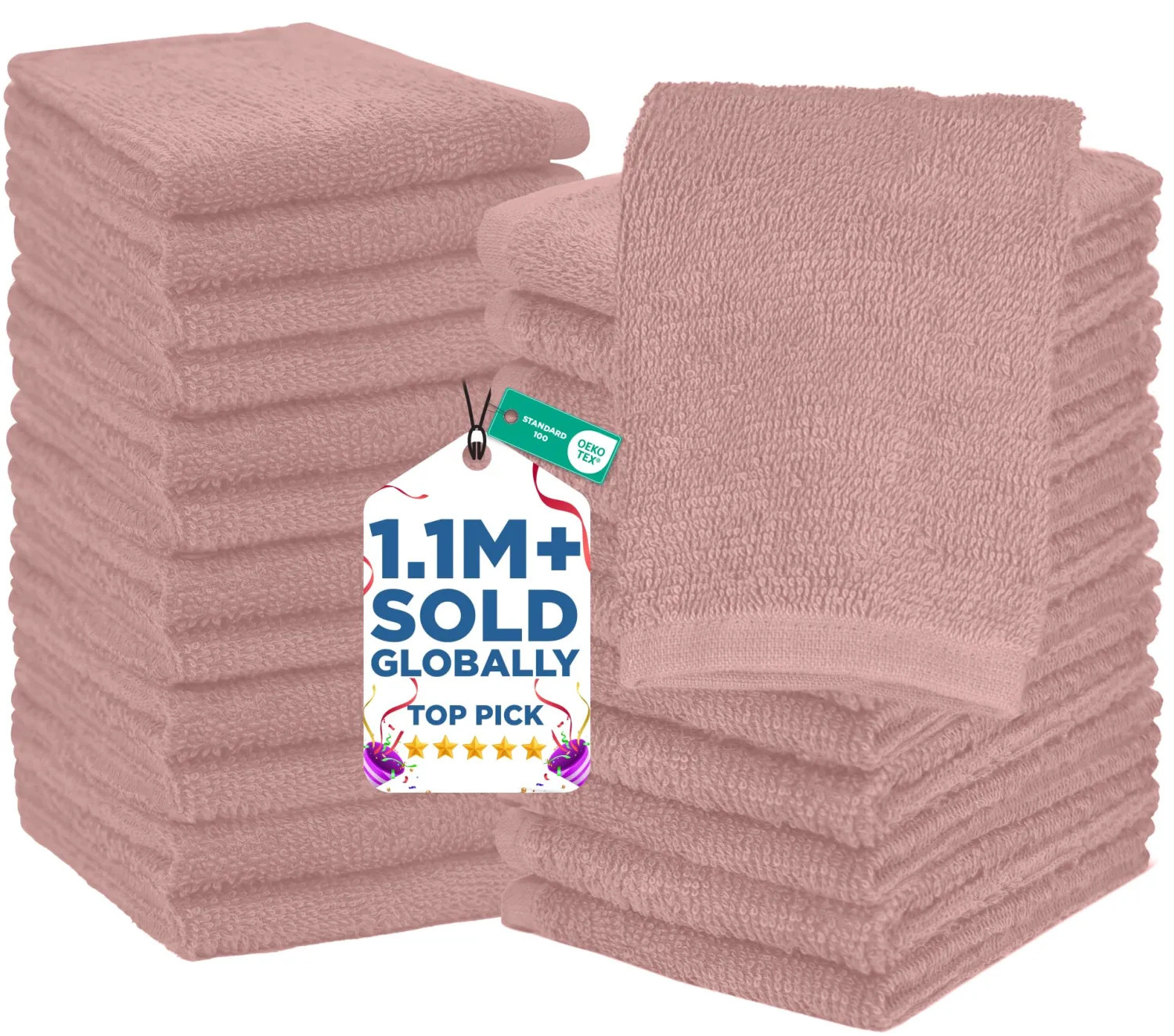 DAN RIVER 24 Pack Wash Cloths for Showering [12x12] - 100% Cotton Washcloths Premium Quality Flannel Face Cloths for Bathroom, Highly Absorbent and Soft Feel Wash Clothes, Dusty Pink