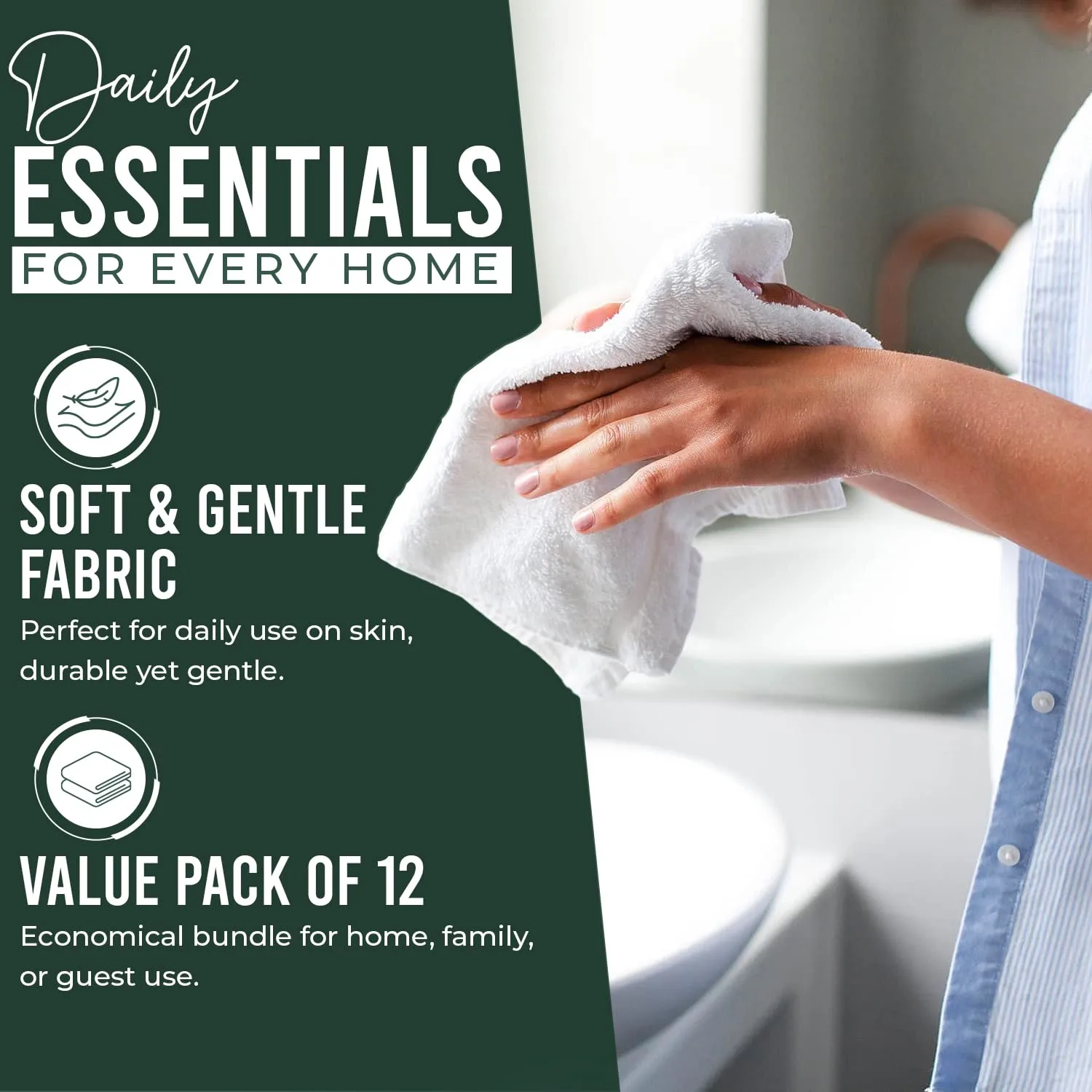 DAN RIVER 12 Pack Wash Cloths for Showering [12x12] - 100% Cotton Washcloths Premium Quality Flannel Face Cloths for Bathroom, Highly Absorbent and Soft Feel Wash Clothes, Hunter Green