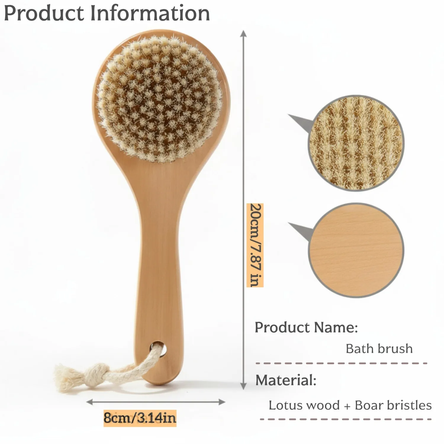 Natural Boar Bristle Body Brush – Lotus Wood Bath Brush for Dry Brushing & Exfoliation – Short Handle Shower Brush to Improve Circulation & Lymphatic Drainage
