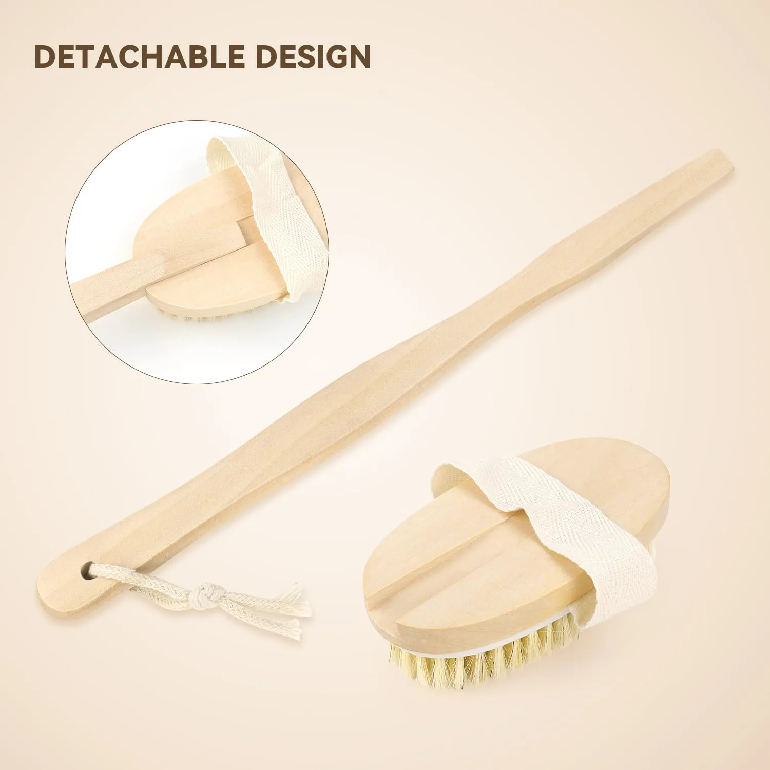 2 Pack Detachable Bath Bristle Brush, Wood Long Handle Dry Brushing Body Brush for Shower