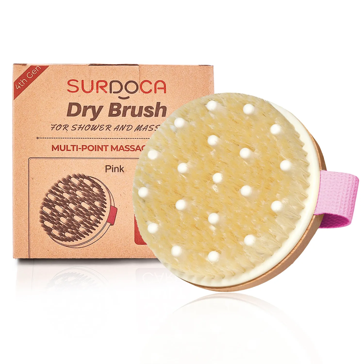 SURDOCA Dry Brushing Body Brush for Lymphatic Drainage, Wet & Dry Body Scrubber, Natural Exfoliating Brush, Pink