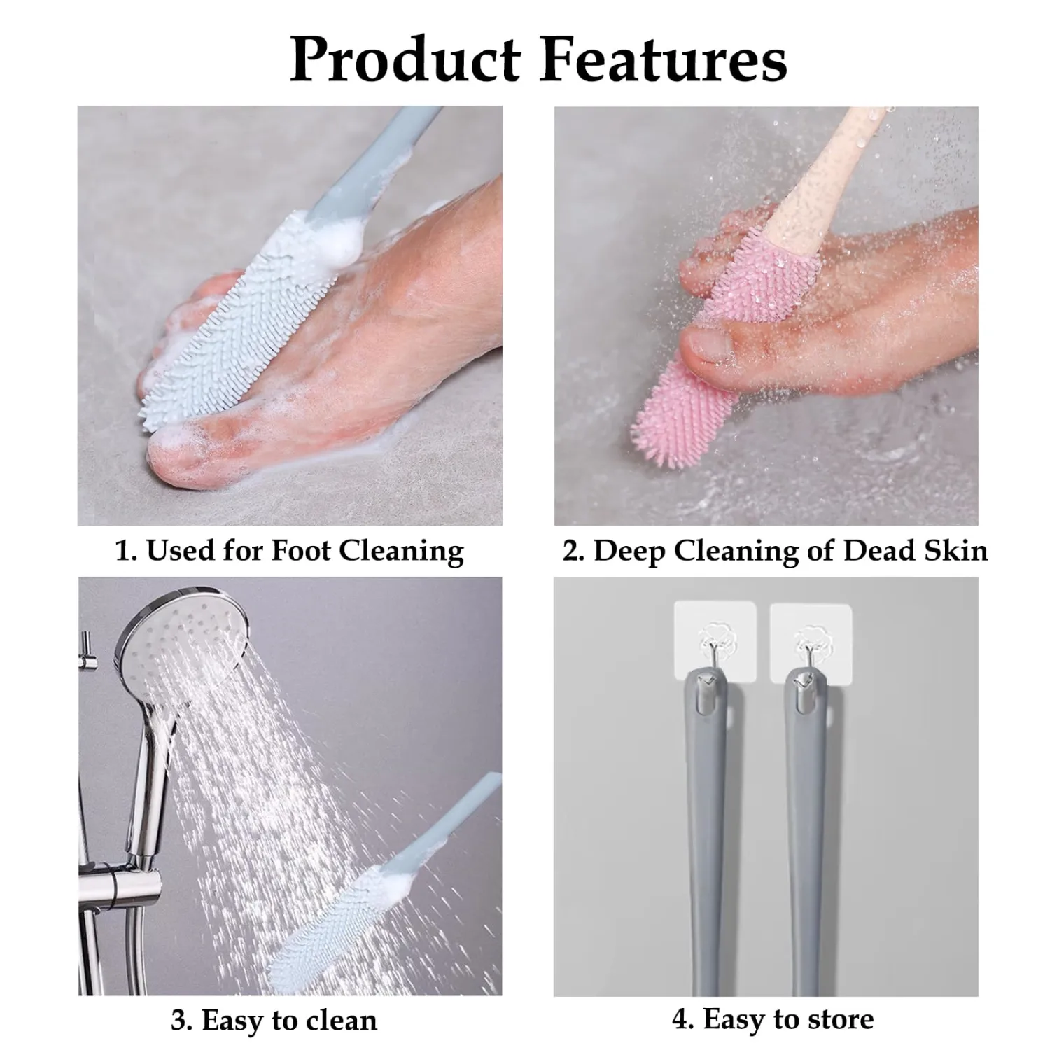 Toe Cleaning Brush, 15.7" Foot Scrubber with Long Handle - Shower Foot Brush Soft Feet Care Scrub Toe Scrubber for Exfoliating - Men, Women & Seniors (Gray)