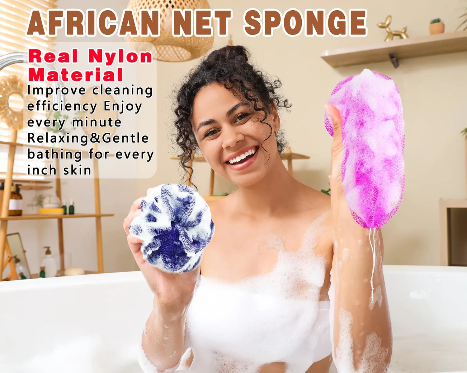 2 Pack African Net Sponge Exfoliating Body Scrubber Bath Sponge for Daily Use (Navy Blue+Indigo)