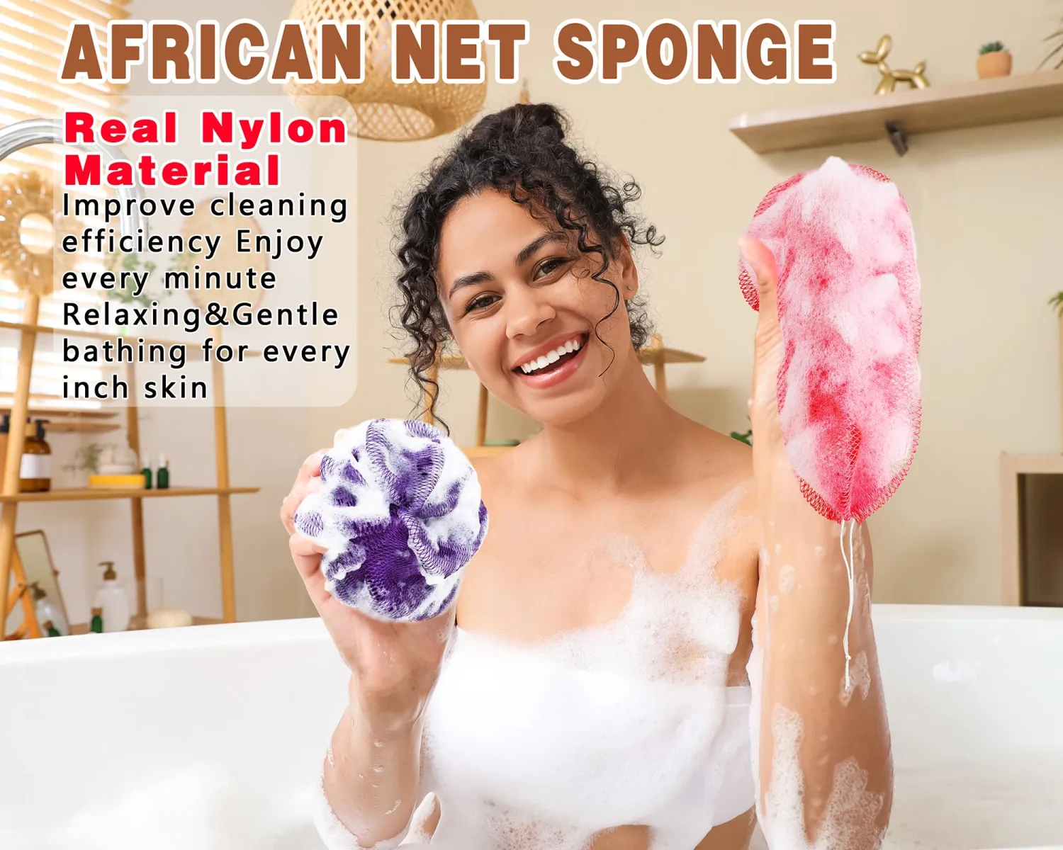 2 Pack African Net Sponge Exfoliating Body Scrubber Bath Sponge for Daily Use (Pink + Deep Purple)