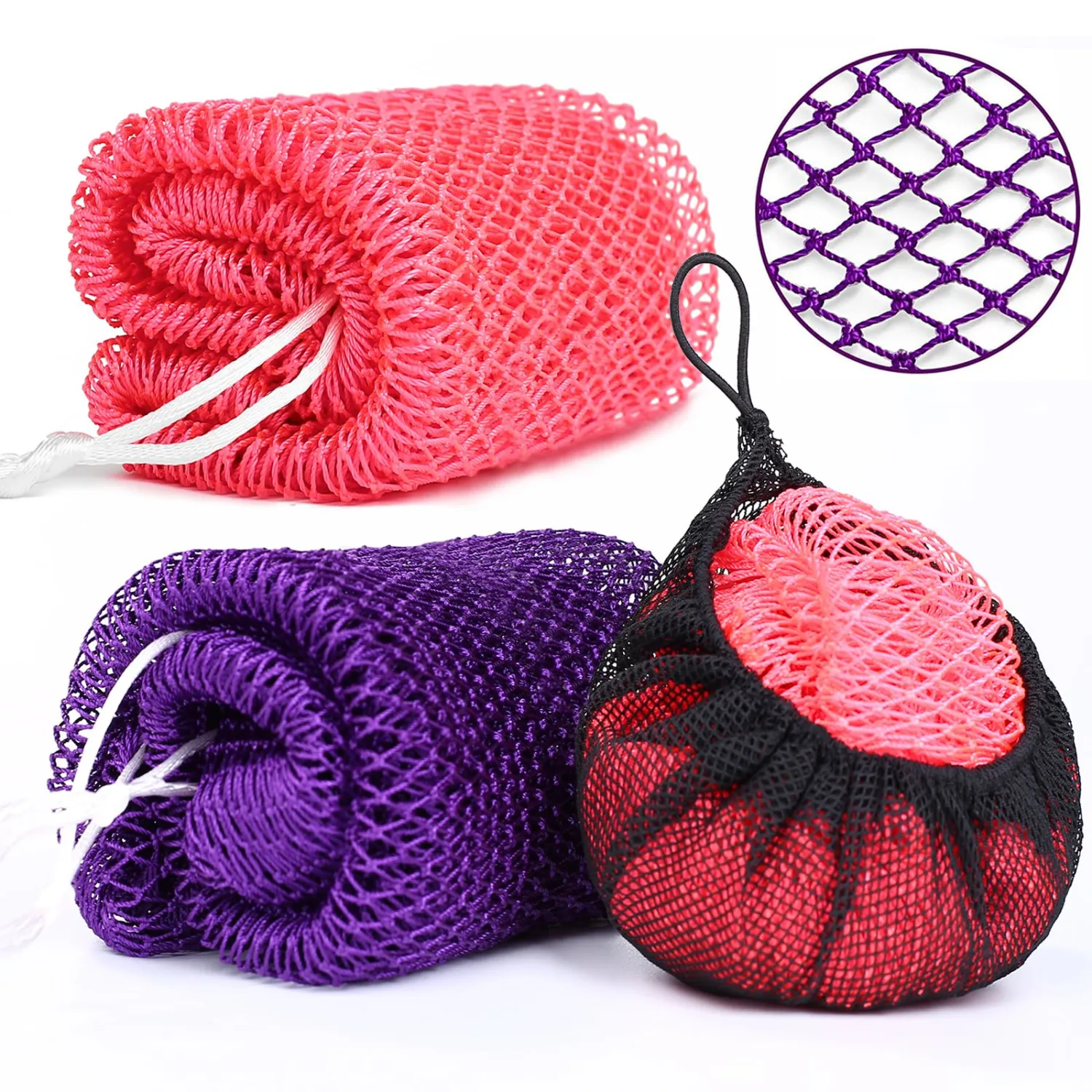 2 Pack African Net Sponge Exfoliating Body Scrubber Bath Sponge for Daily Use (Pink + Deep Purple)