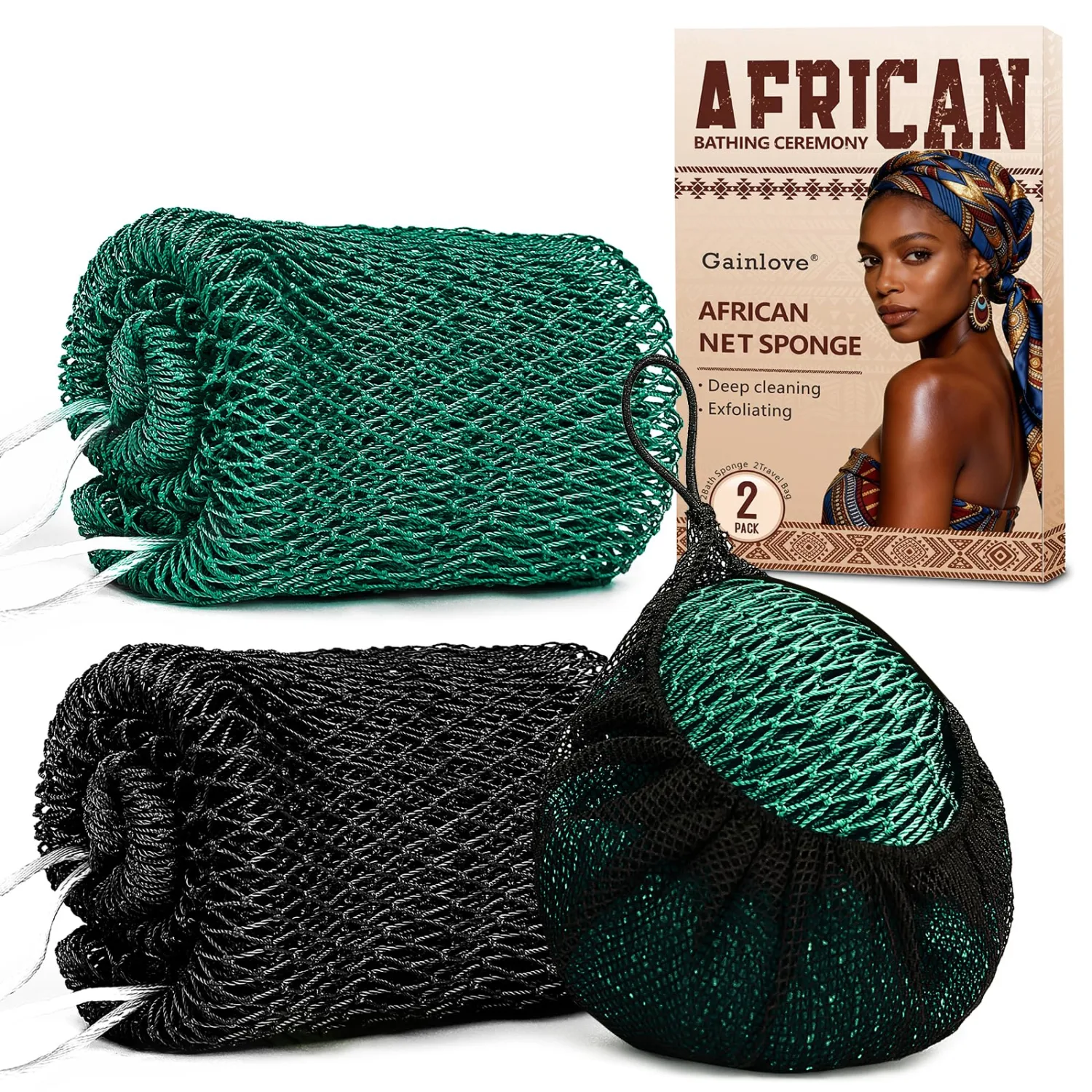 2 Pack African Net Sponge Exfoliating Body Scrubber Bath Sponge for Daily Use (Black+Dark Green)