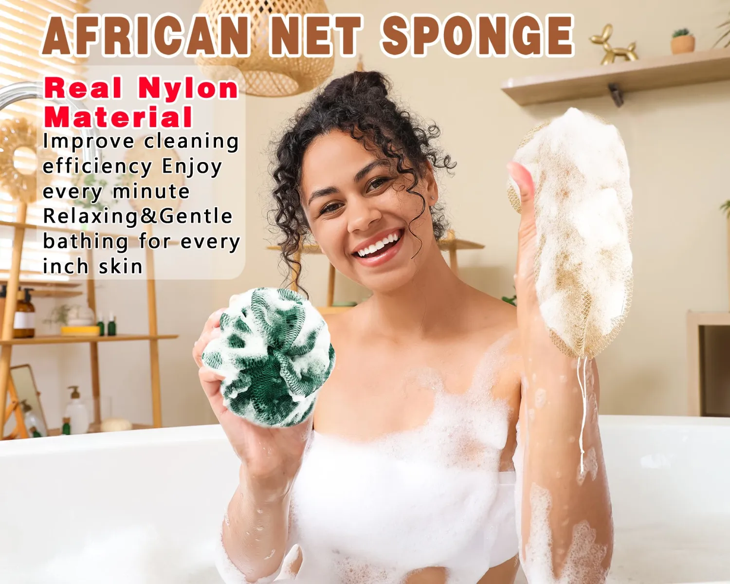 2 Pack African Net Sponge Exfoliating Body Scrubber Bath Sponge for Daily Use (Champange+Dark Green)