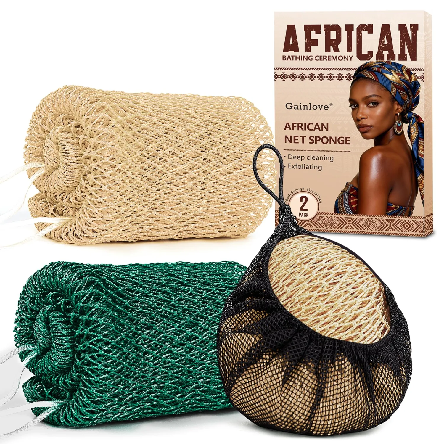 2 Pack African Net Sponge Exfoliating Body Scrubber Bath Sponge for Daily Use (Champange+Dark Green)